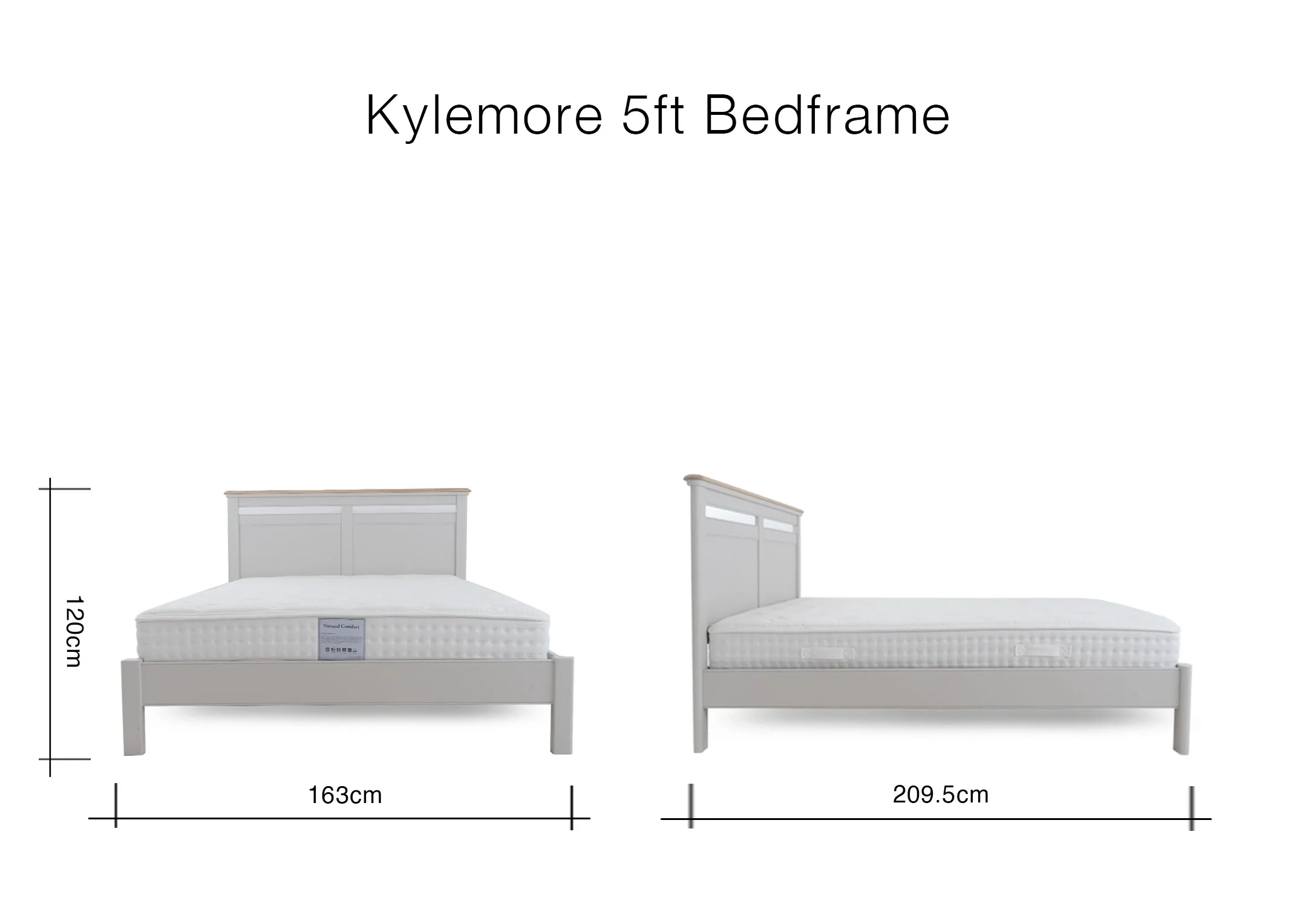 A dimension image of the Kylemore 5ft bedframe with 163cm x 209.5cm x 120cm
