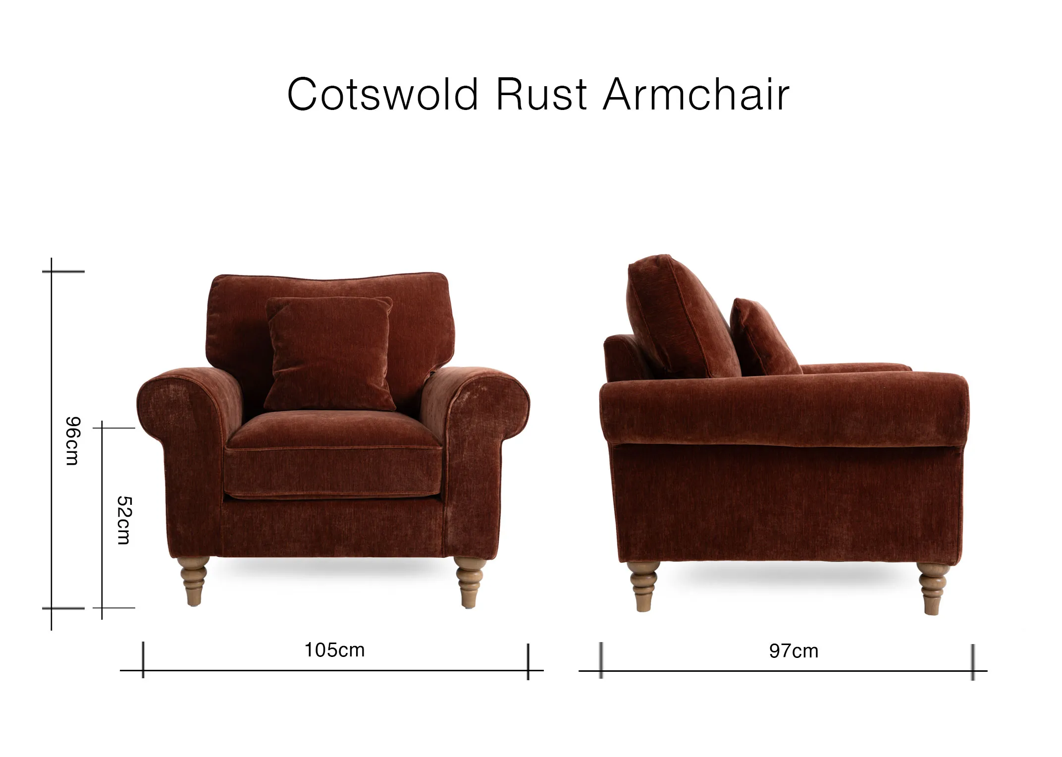 A dimension image of the Cotswold Armchair with 102cm x 97cm x 96cm x 52cm