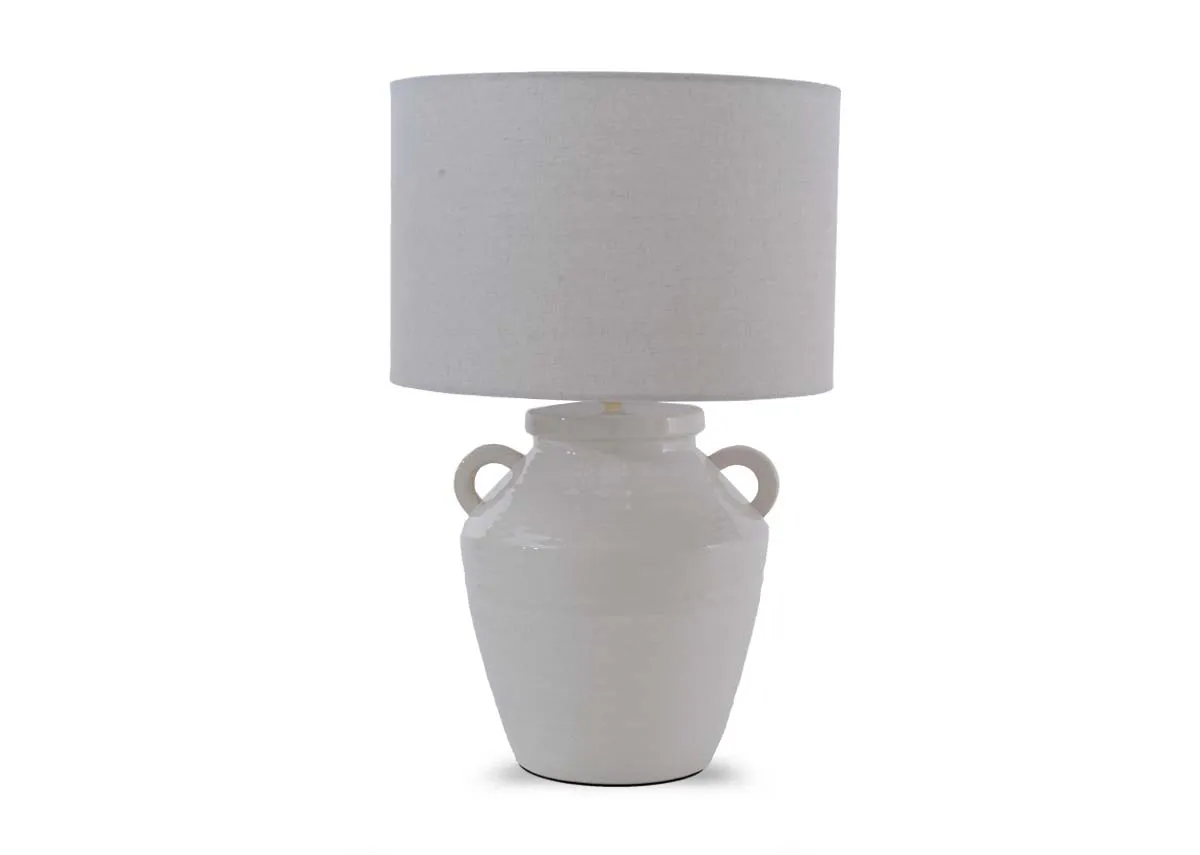A simple cream table lamp with urn handles and a cream drum shade from EZ Livings Ballindine range.
