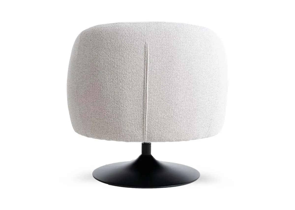 A light grey curved barrel swivel chair from EZ Livings Fusion range.Back view
