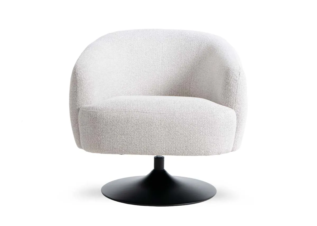 A light grey curved barrel swivel chair from EZ Livings Fusion range.Front view of padded seat