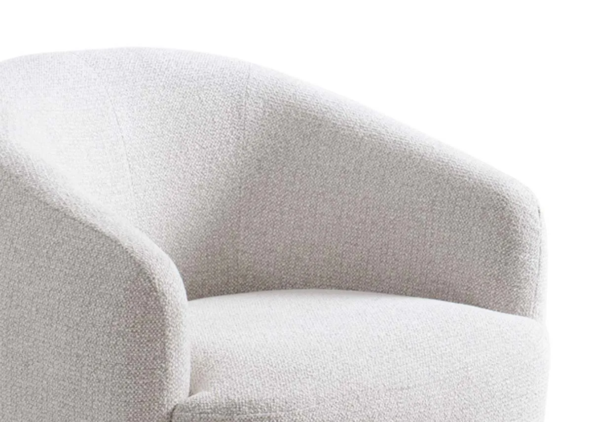 A light grey curved barrel swivel chair from EZ Livings Fusion range. Closeup of light grey fabric.