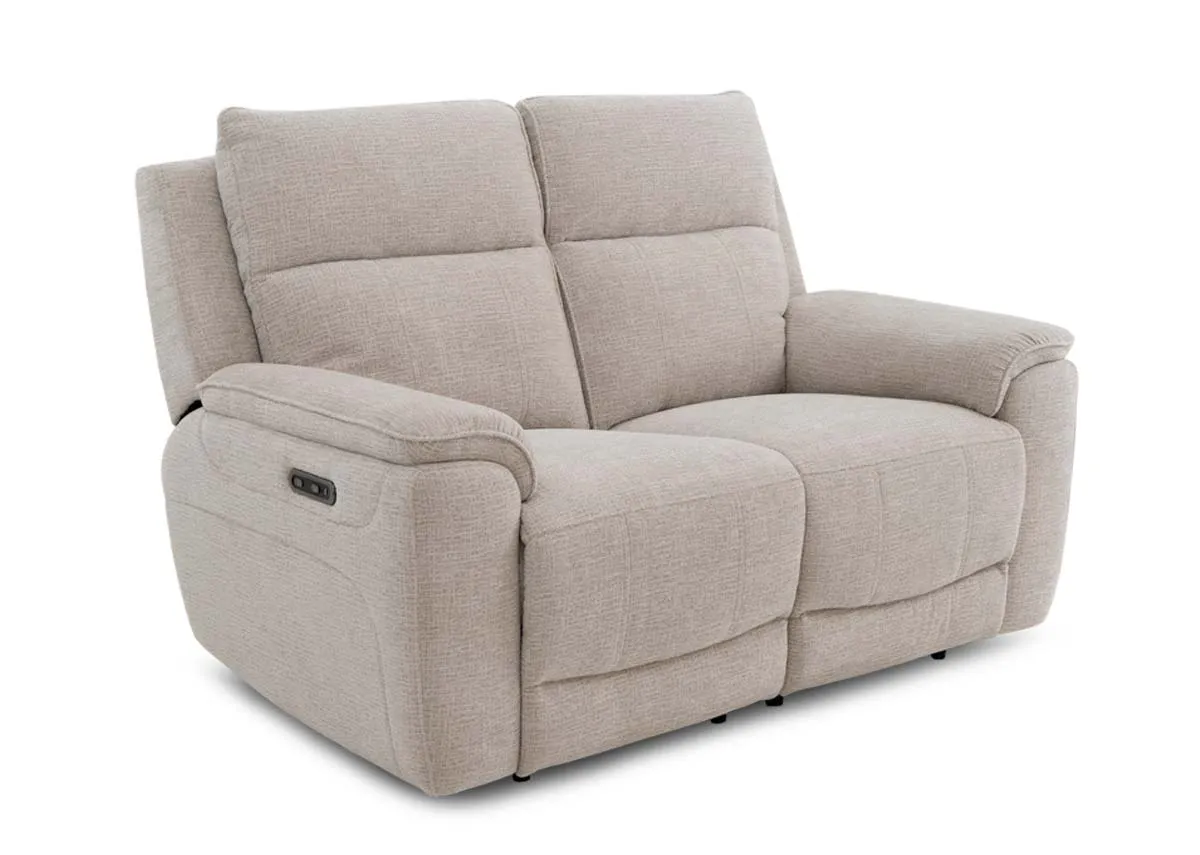 A beige 2 seater power recliner from EZ Livings Aura range. Angled view.