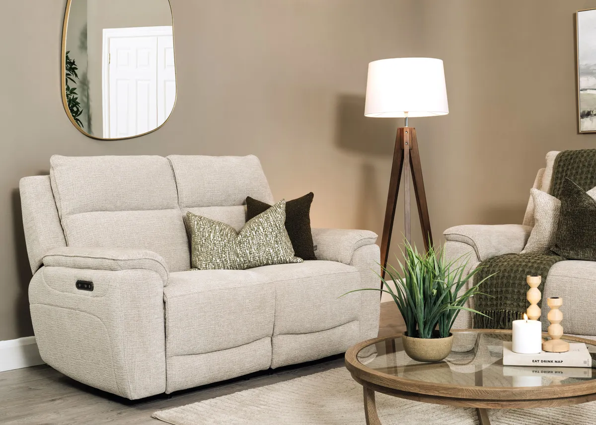 ion image of the Auhra beige 2 seater recliner with 163cm x 56cm-166cm