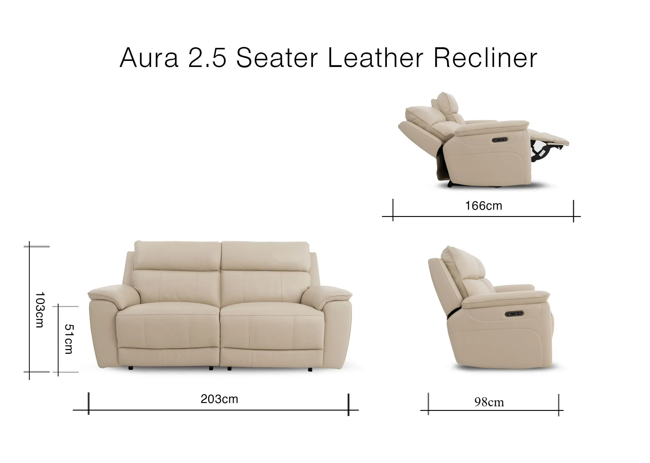 A dimension image of the Aura 2.5 Seater Recliner with 203cm x 98cm-166cm