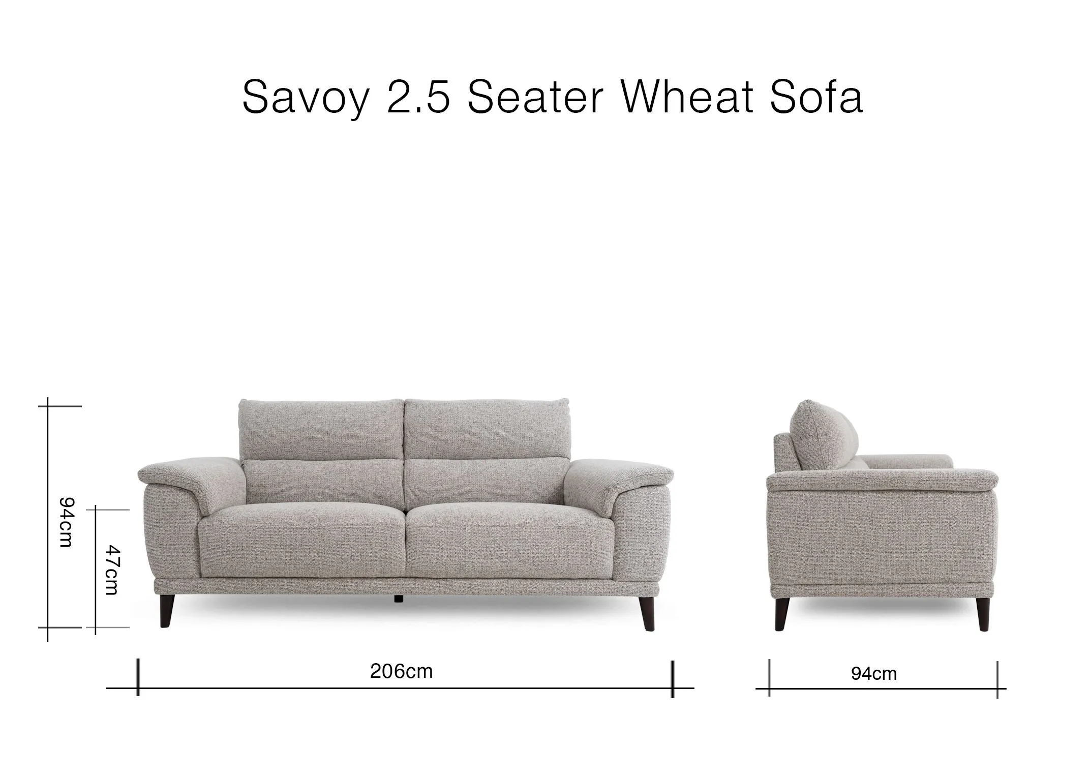 A dimension image of the Savoy beige 2.5 seater with 206cm x 94cm x 94cm