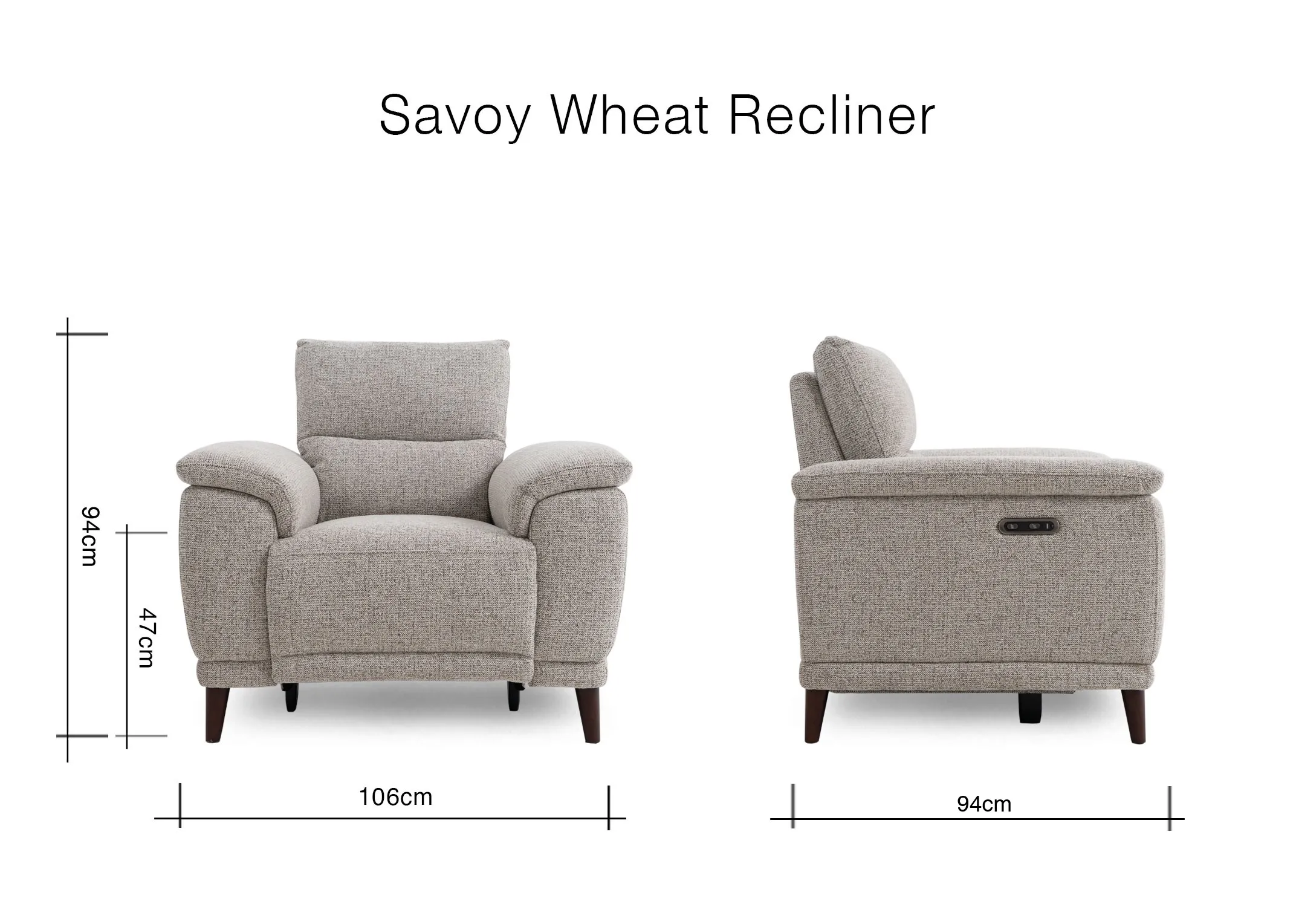 A dimension image of the Savoy beige recliner with 106cm x 94cm x 94cm
