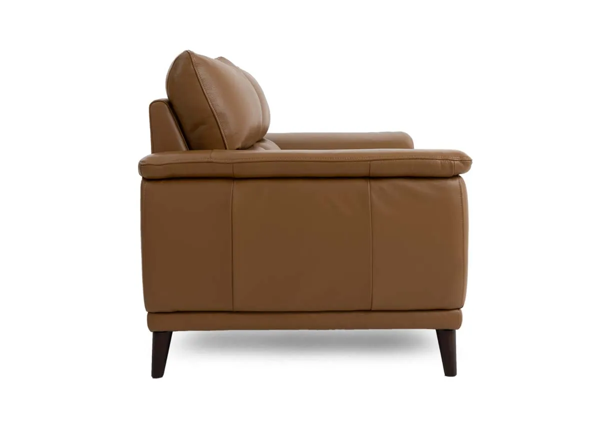 A tan leather 2 seater sofa from EZ Livings Savoy range.Side view