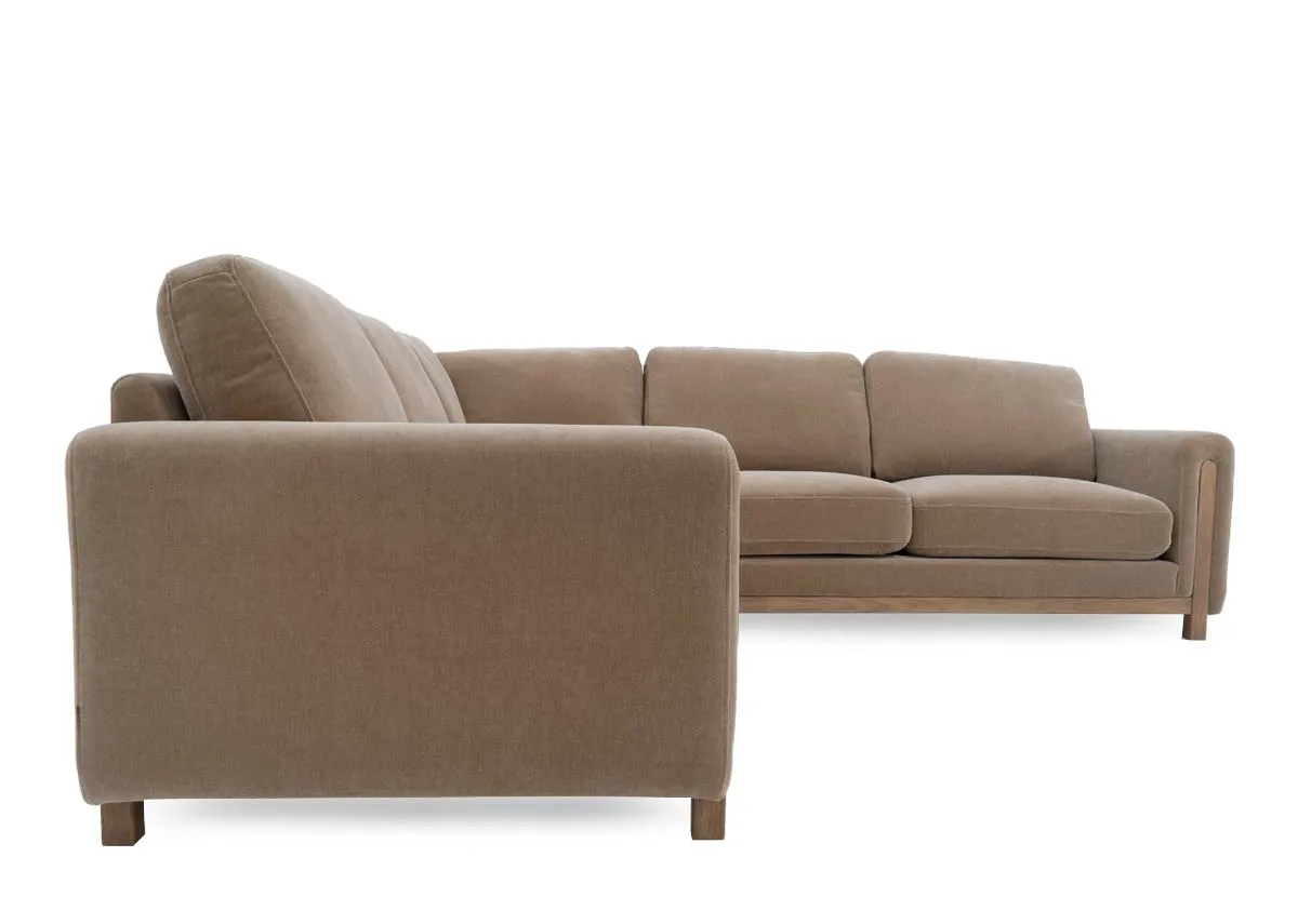 A taupe fabric corner sofas from EZ Livings Miller range. Side view of wooden feet