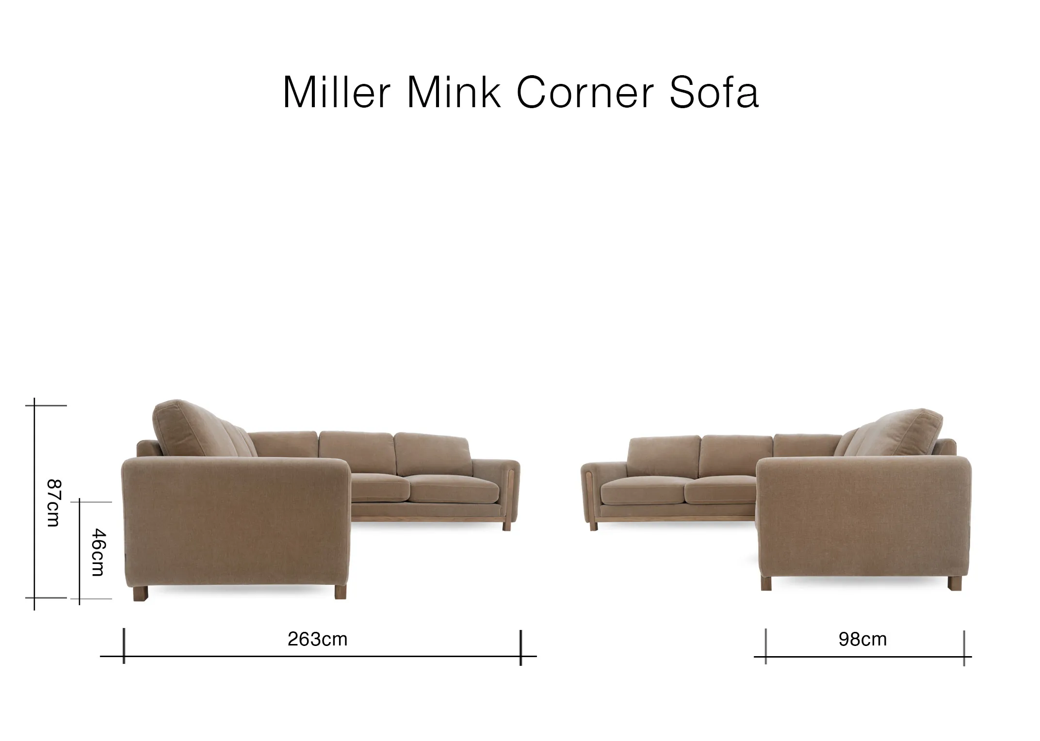 A dimension image of the Miller mink corner sofa with 263cm x 98cm x 87cm