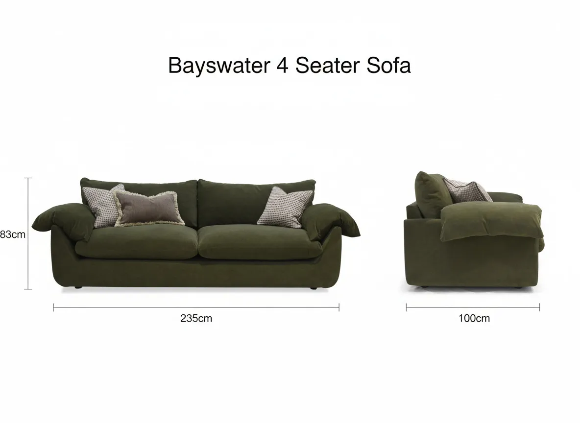 A dimension image of the Bayswater 4 seater sofa with 235cm x 100cm x 83cm