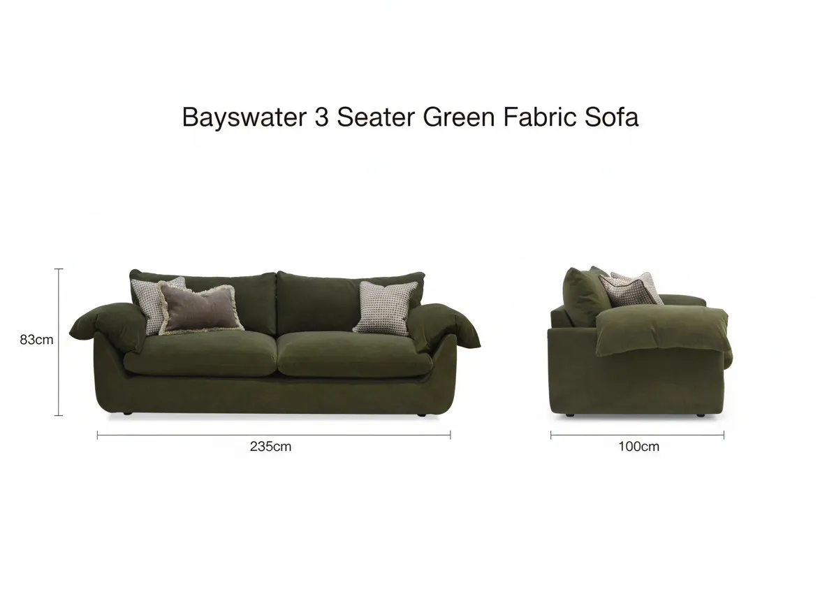 A dimension image of the Bayswater 3 seater sofa with 235cm x 100cm x 83cm