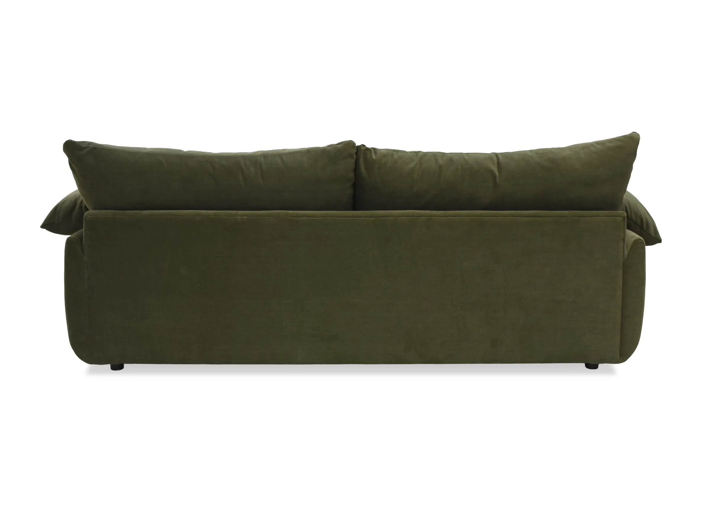 A large green fabric sofa from EZ Livings Bayswater range. Back view of warantied frame