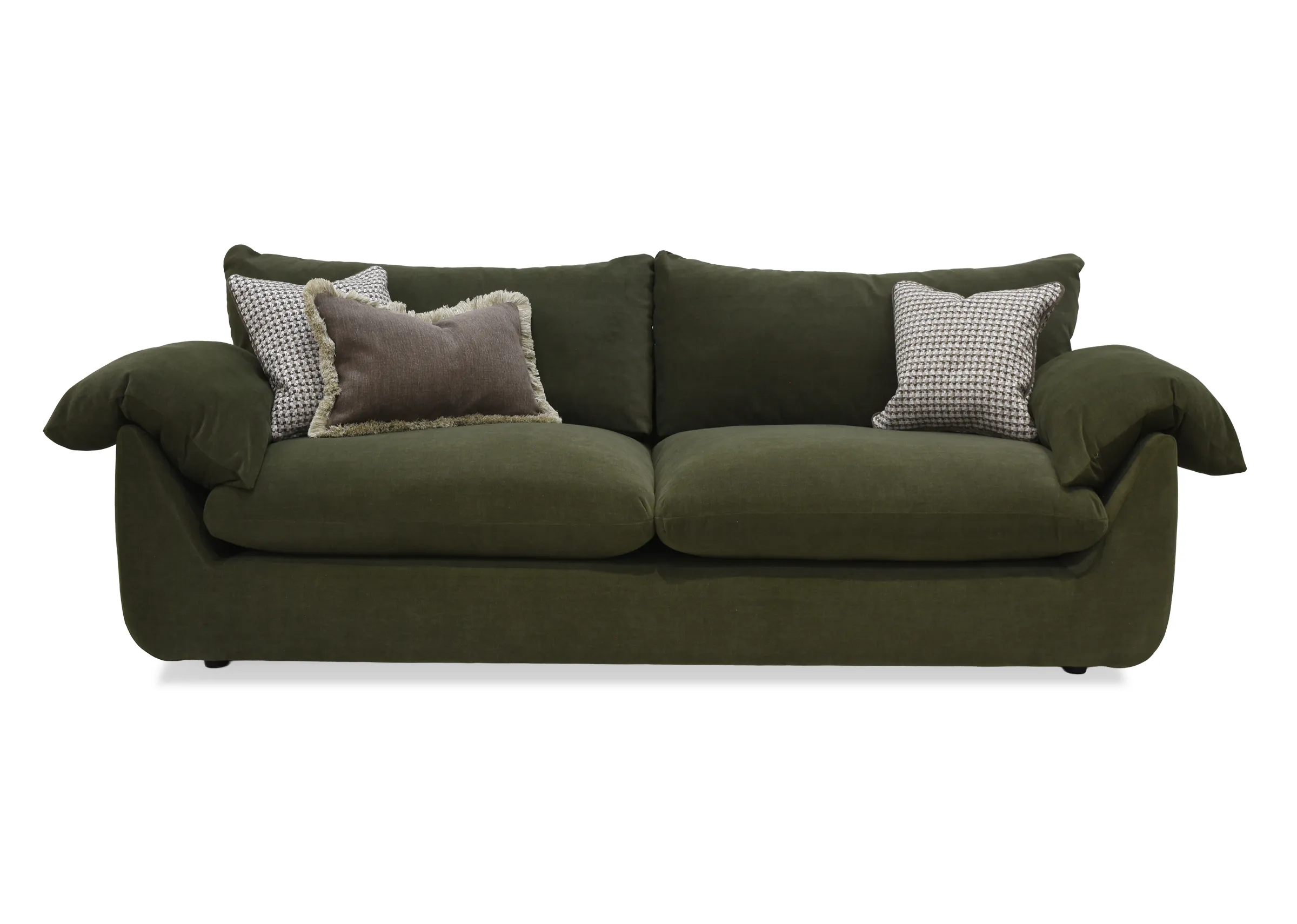 A large green fabric sofa from EZ Livings Bayswater range. Front view of feather filled arms and scatter cushions.