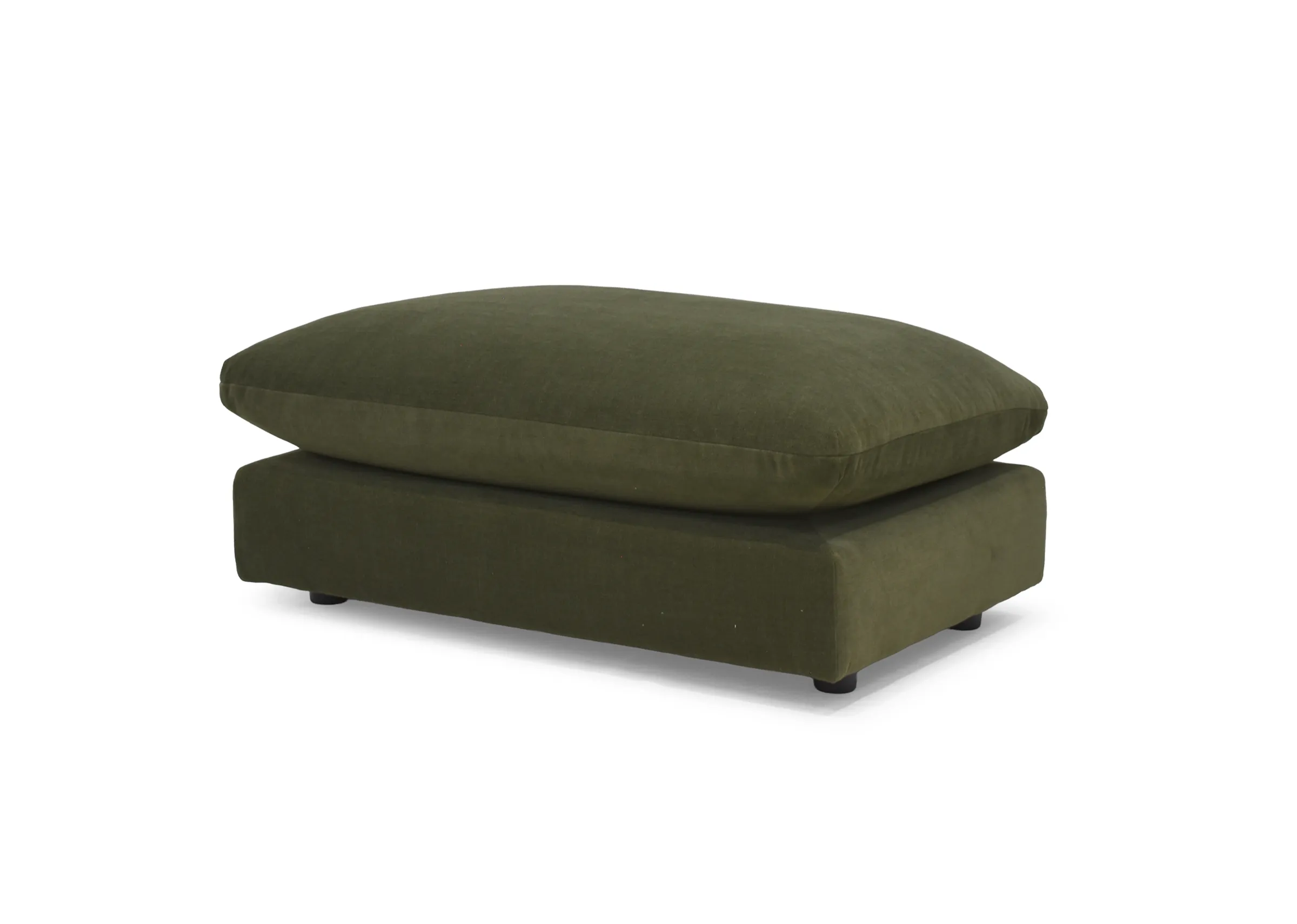 A green fabric footstool from the Bayswater range by Vogue. Angled view.