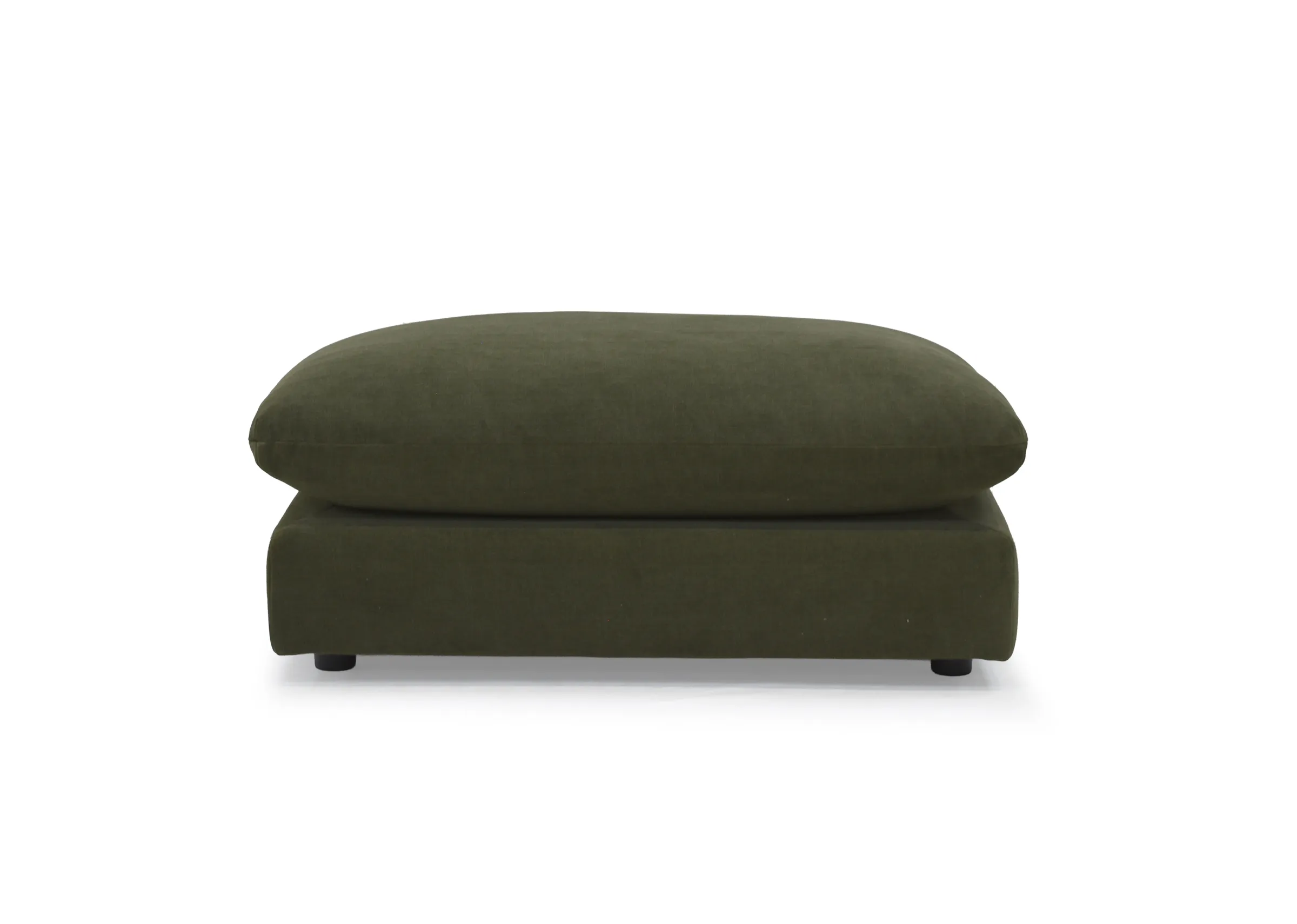 A green fabric footstool from the Bayster range by Vogue. Front view