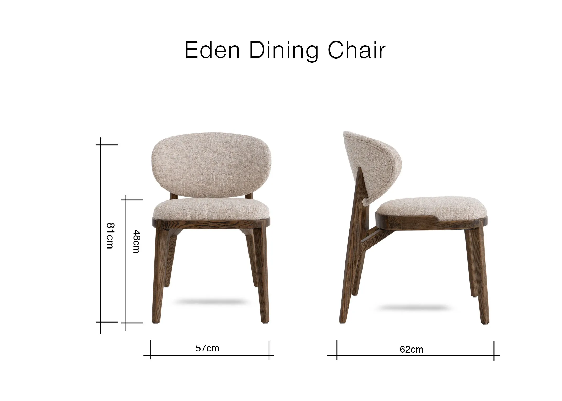 A dimension image of the Eden Dining chair with 57cm x 62cm x 81cm