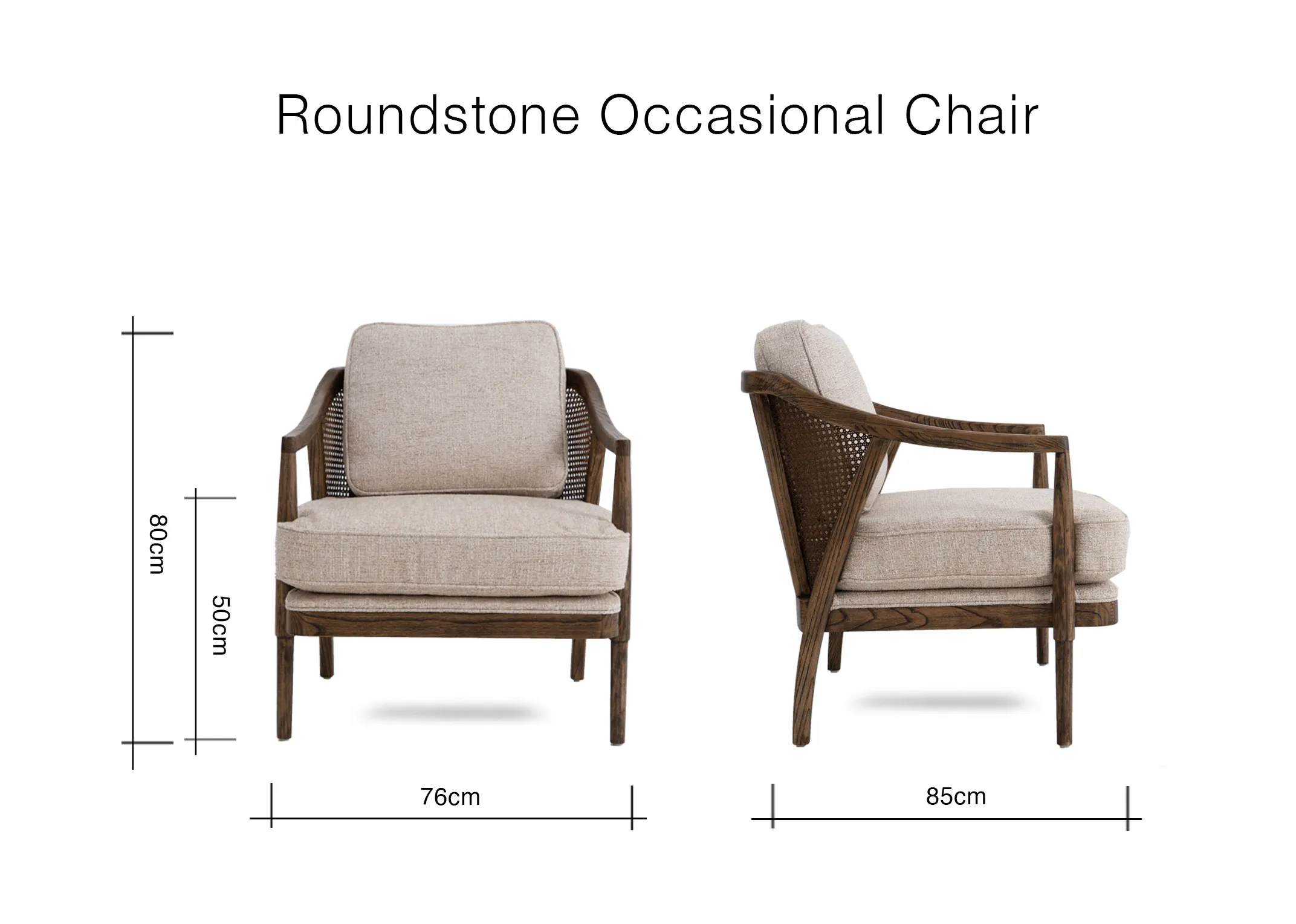 A dimension image of the Roundstone Chair with 76cm x 85cm x 80cm