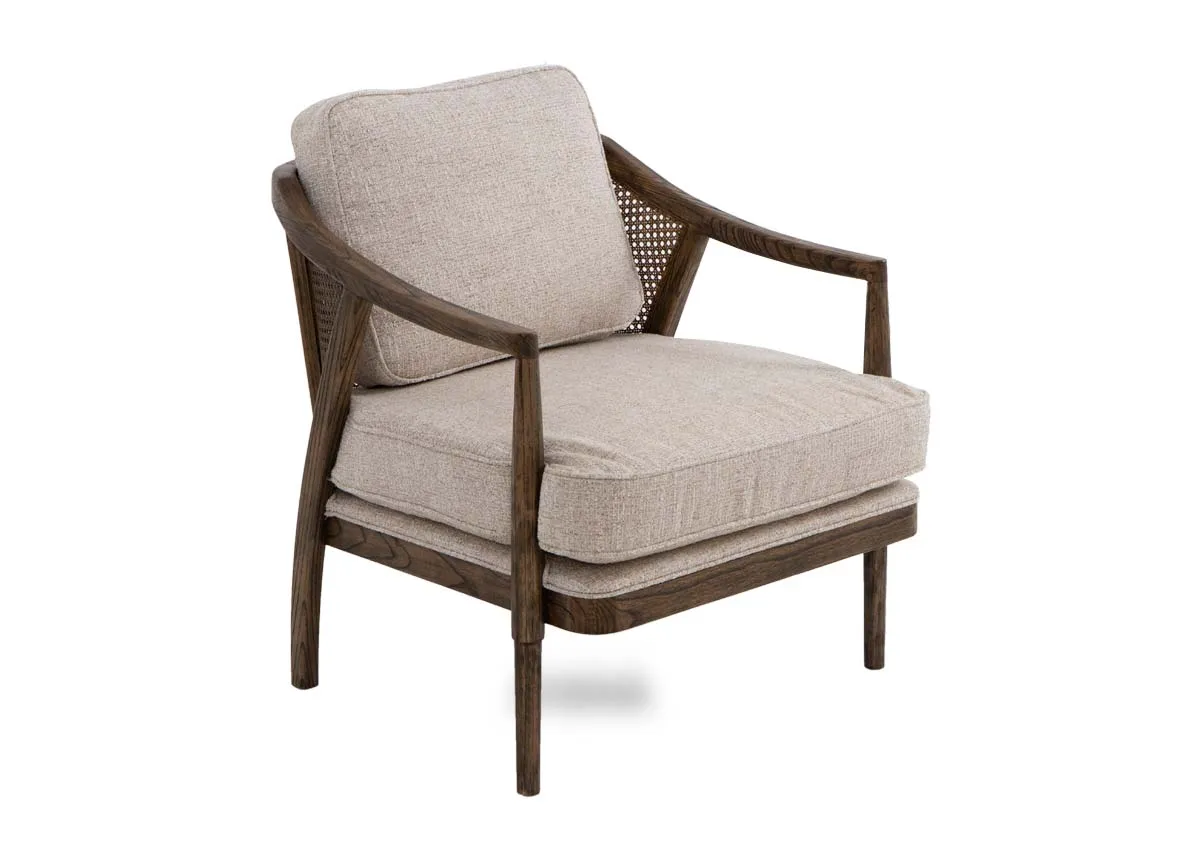 A beige fabric occasional chair from EZ Livings Roundstone range. Angled view