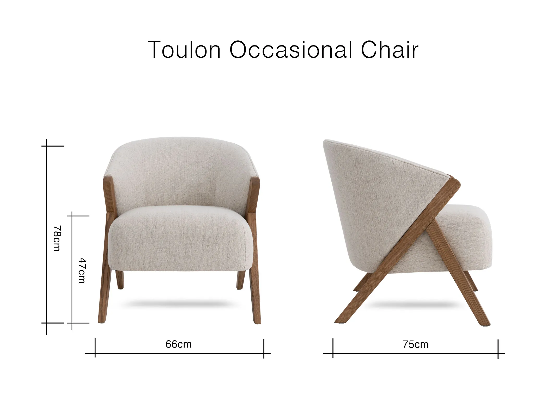 A dimension image of the Toulon Occasional Chair with 66cm x 75cm x 78cm