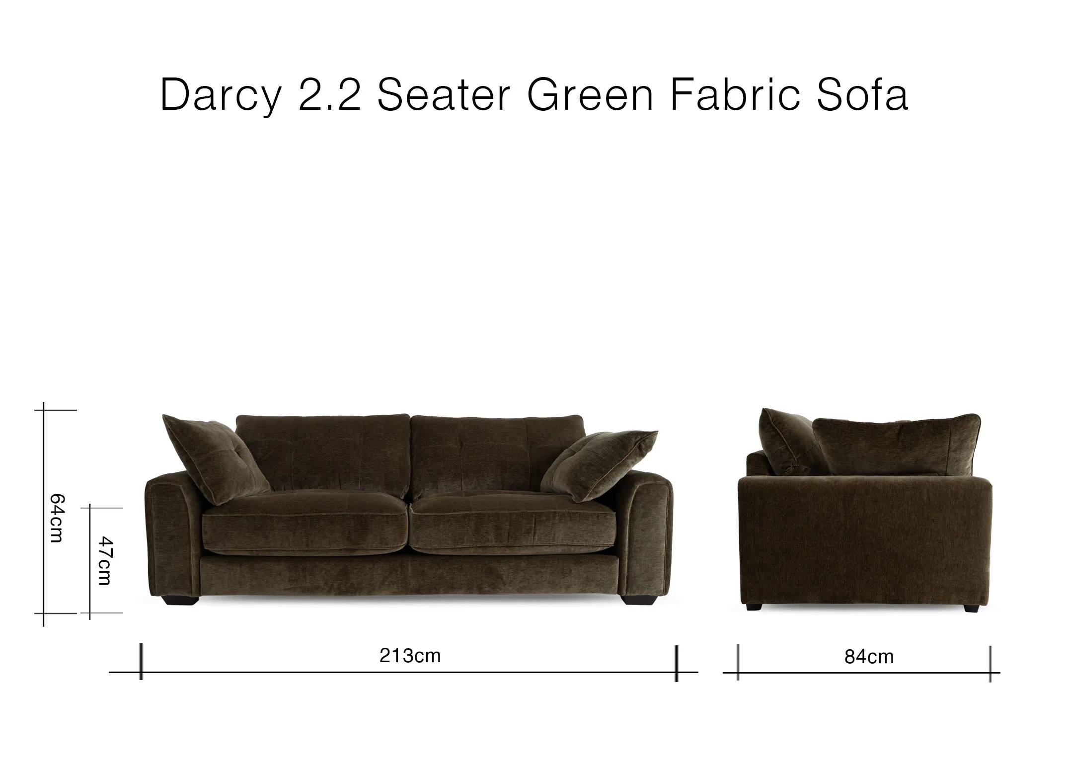 A dimension image of the Darcy 2.2 seater sofa with 213cm x 84cm x 64cm