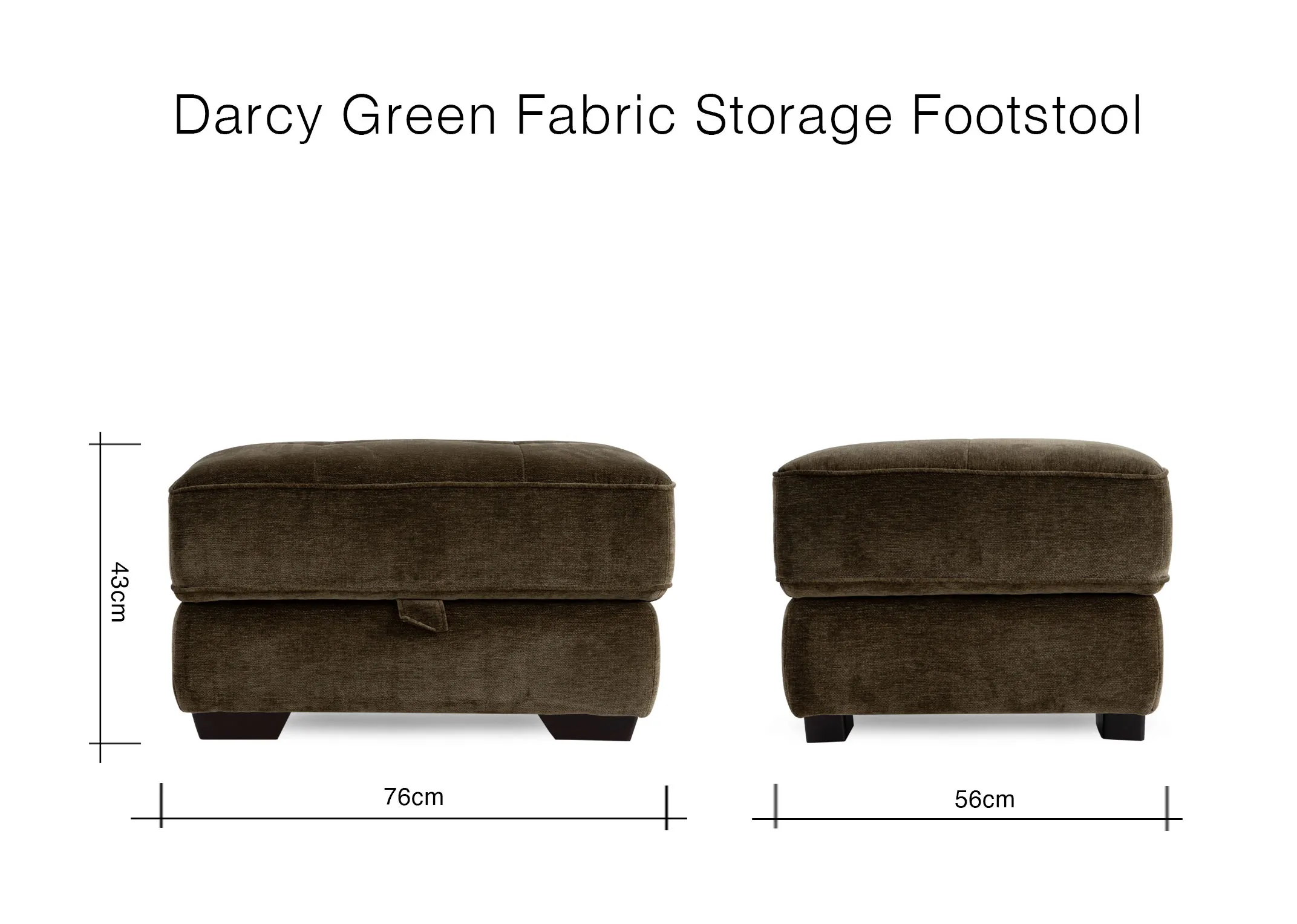 A dimension image of the Darcy Footstool with 76cm x 56cm x 43cm