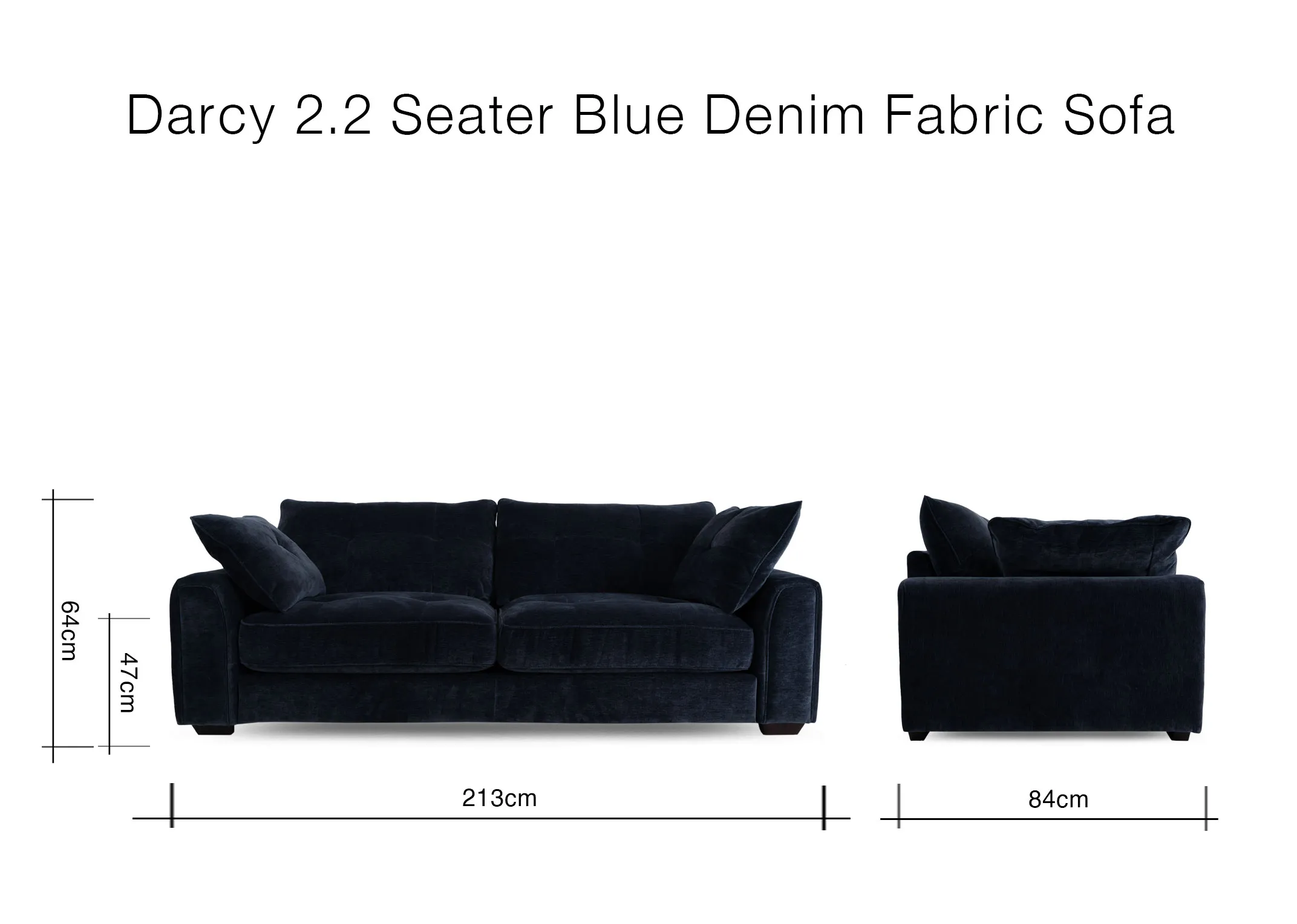 A dimension image of the Darcy 2.2 seater sofa with 213cm x 84cm x 64cm