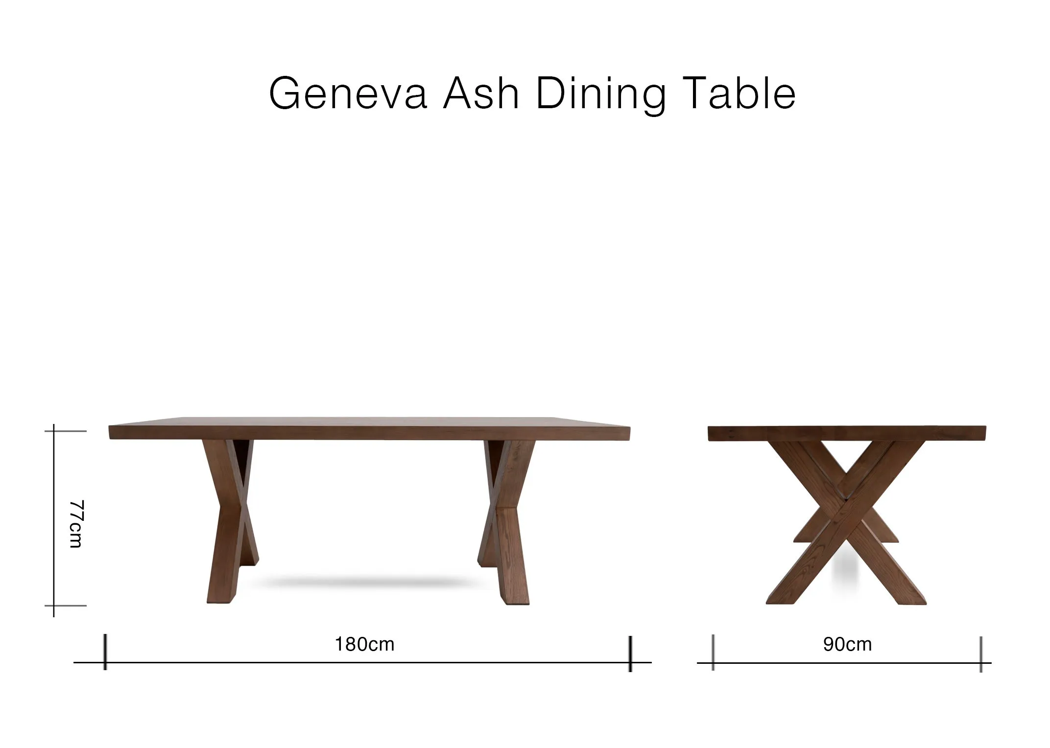 A dimension image of the Geneva Ash table with 180cm x 77cm x 90cm