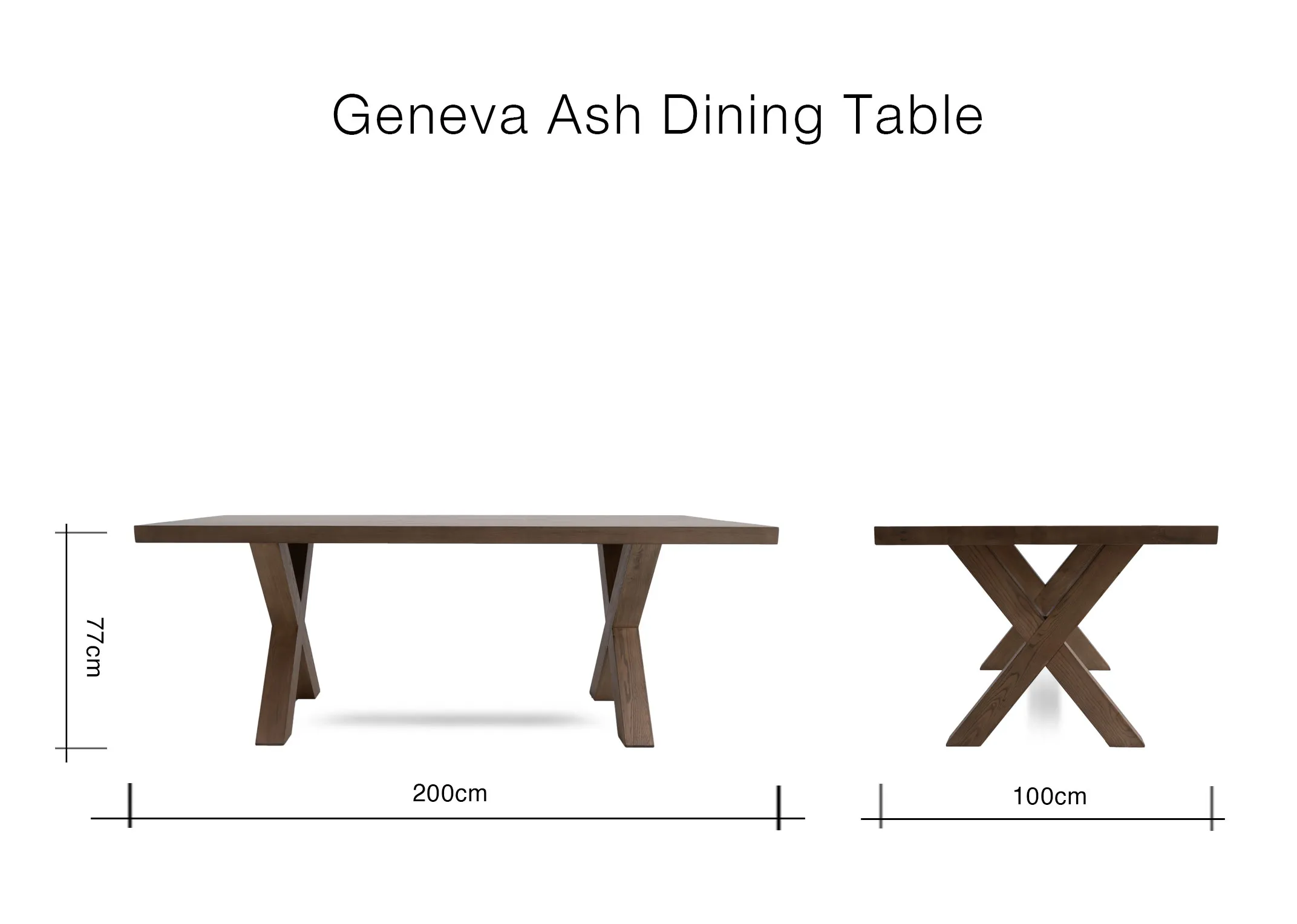 A dimension image of the Geneva Ash dining table with 200cm x 100cm x 77cm