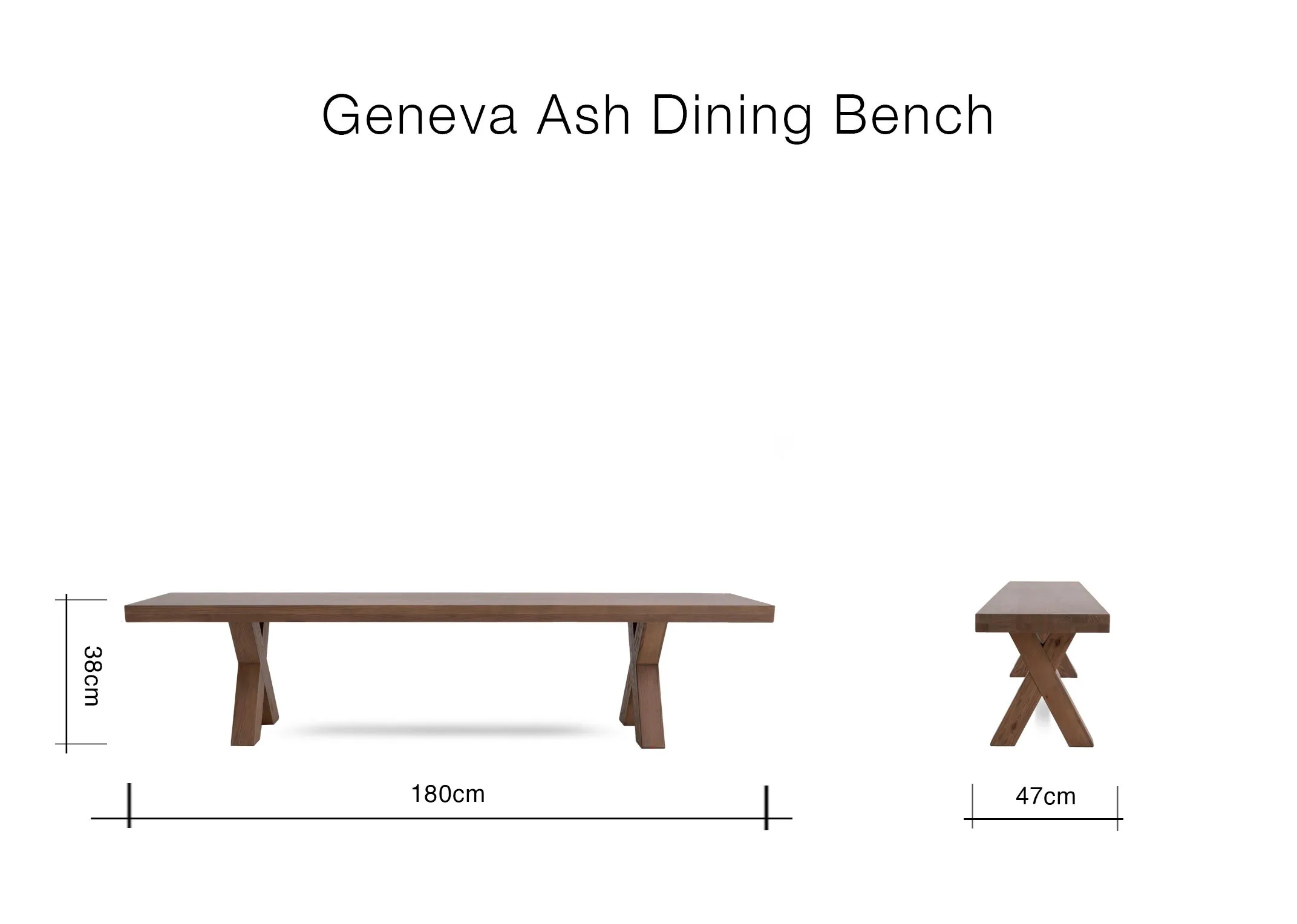 A dimension image of the Geneva Ash bench with 180cm x 47cm x 35cm