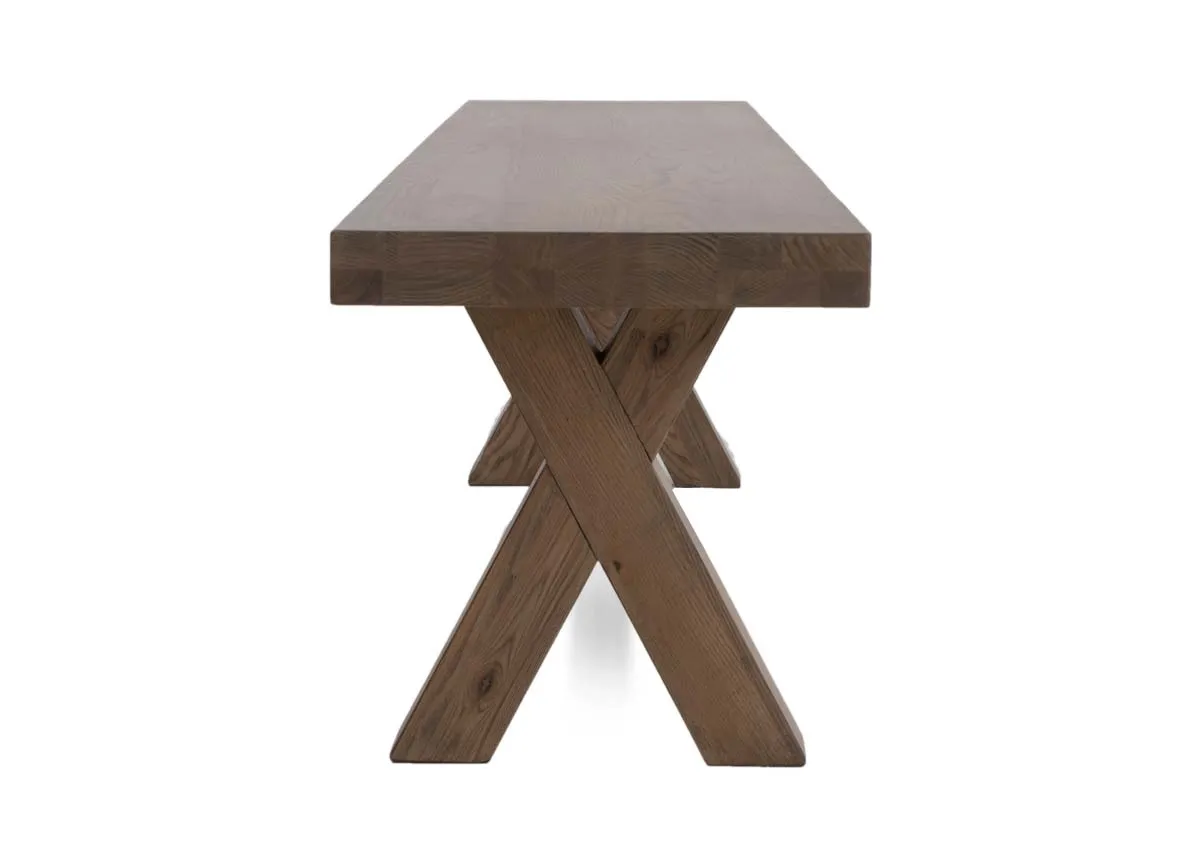 A solid ash wood dining bench from EZ Livings Geneva range. Side view of X legs