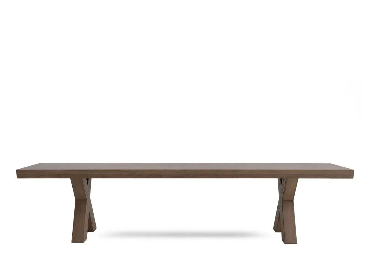 A solid ash wood dining bench from EZ Livings Geneva range. Front view of thick seat and x legs