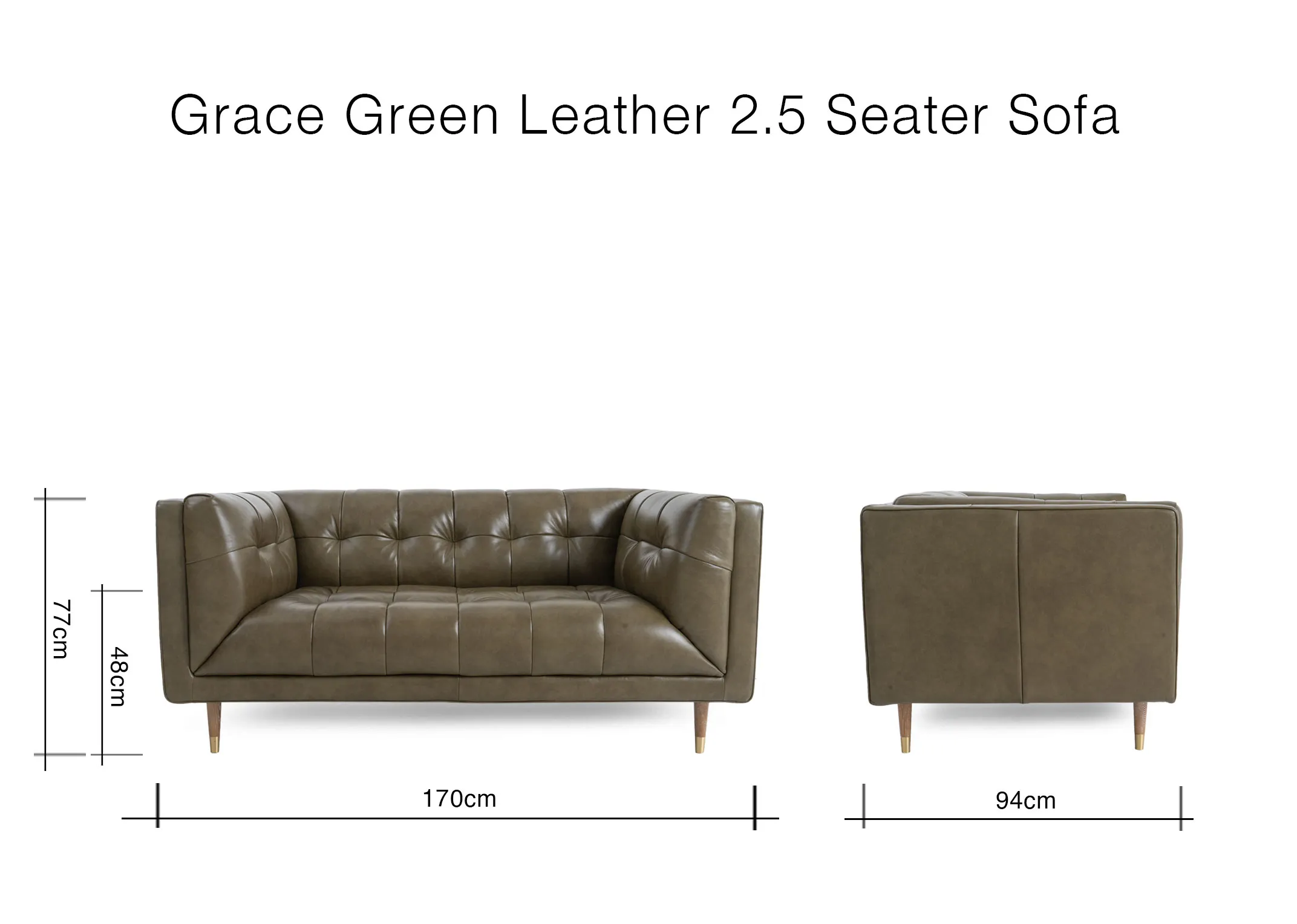 A dimension image of the Grace 2.5 seater sofa with 170cm x 77cm x 94cm