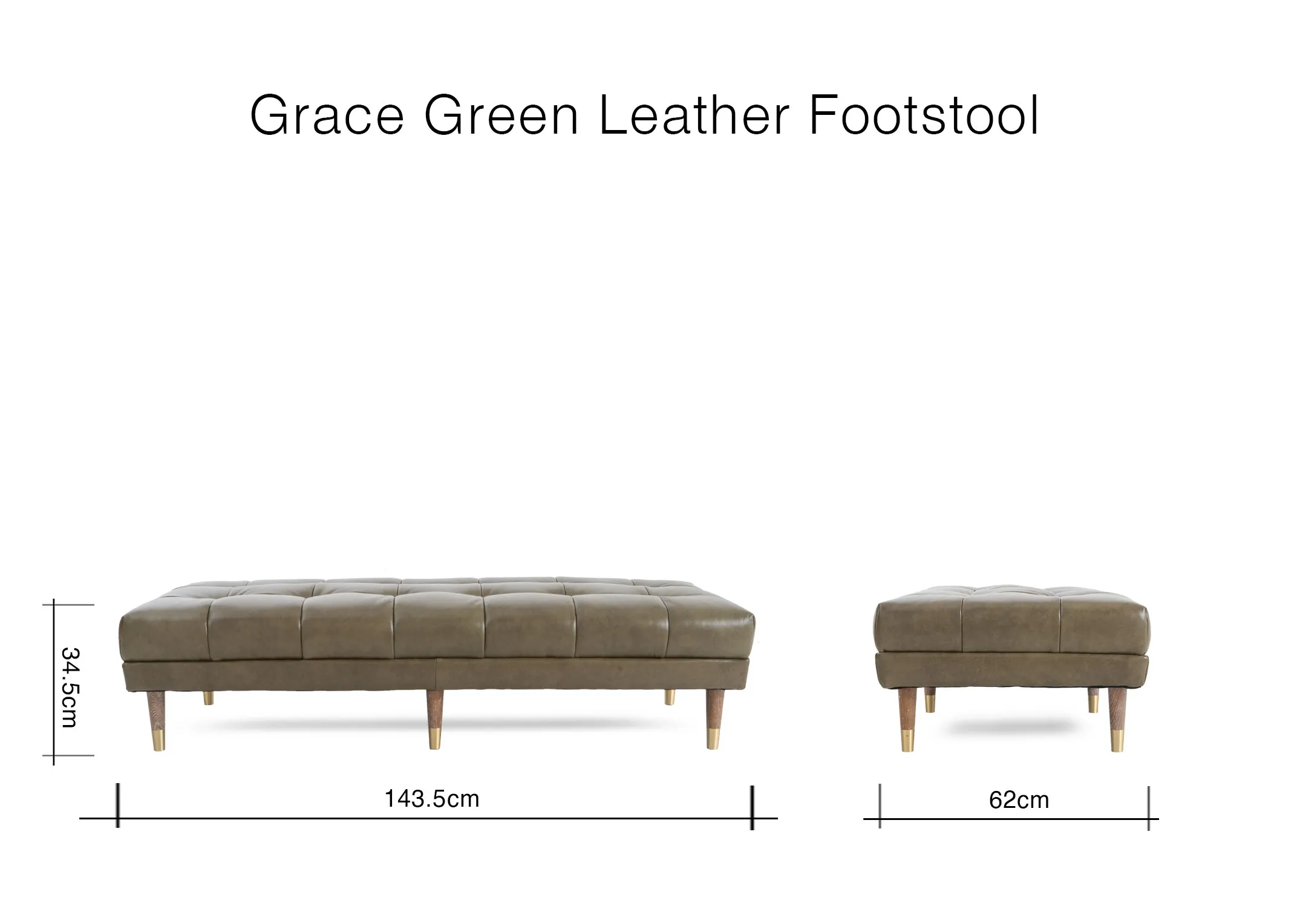 A dimension image of the Grace footstool with 143.5cm x 62cm x 34.5cm