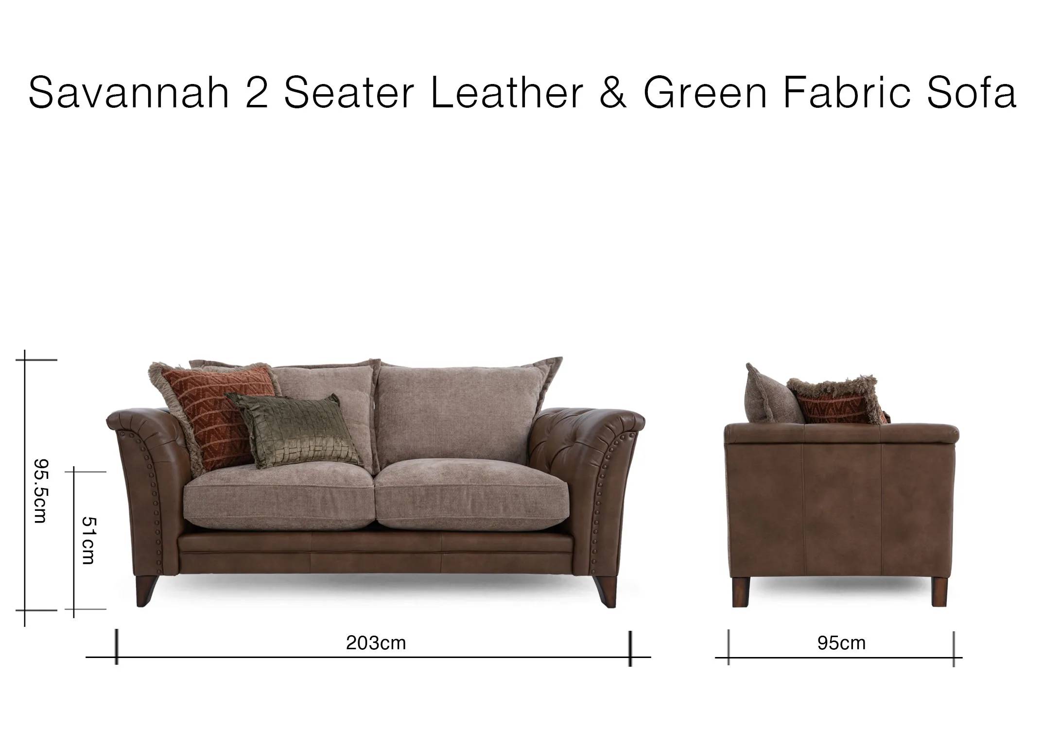 A dimension image of the Savannah 2 Seater sofa with 203cm x 95cm x 95cm 