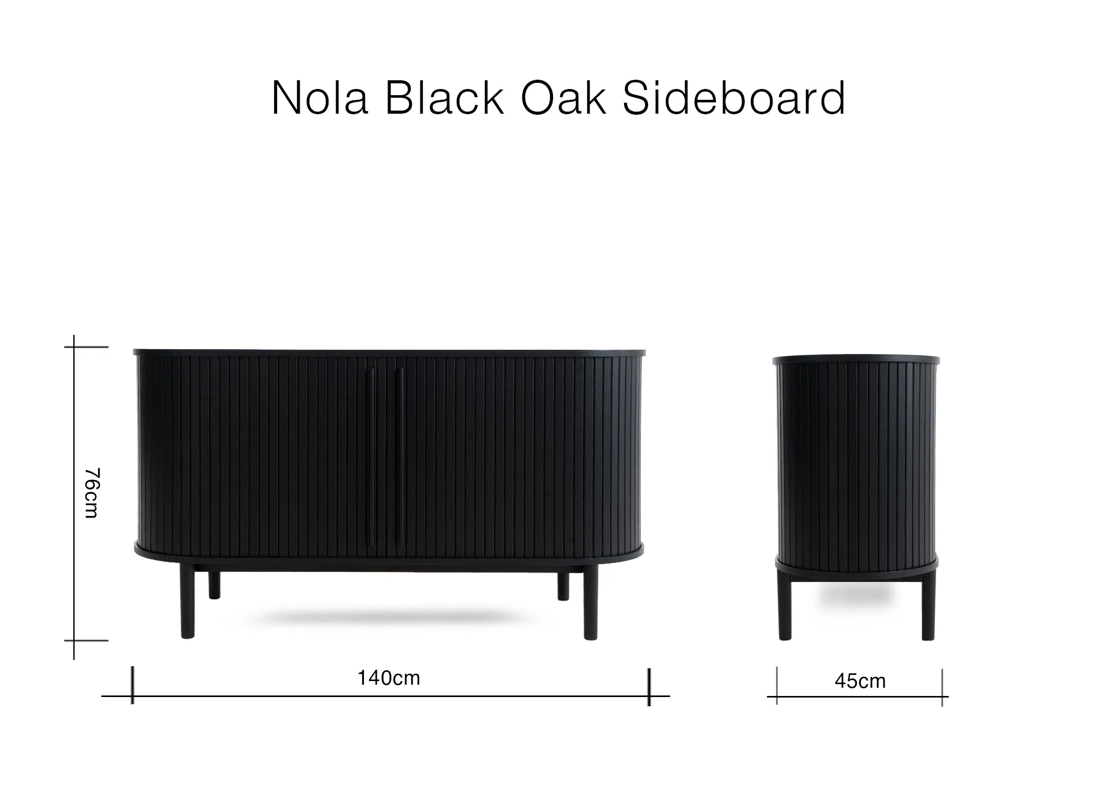 A dimension image of the Nola Black Sideboard with 140cm x 45cm x