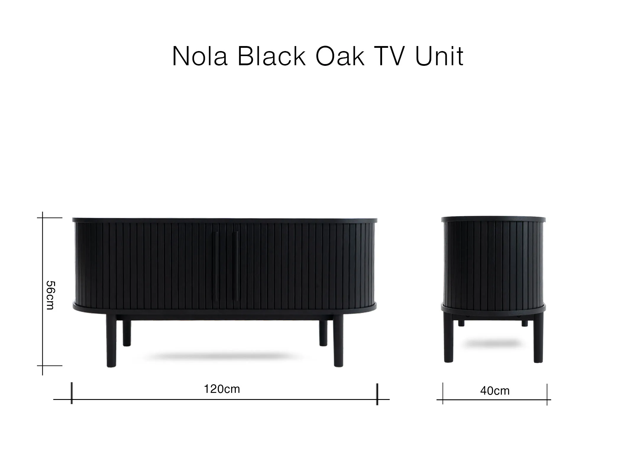 A dimension image of the Nola Black TV Unit with 120cm x 40cm x 56cm