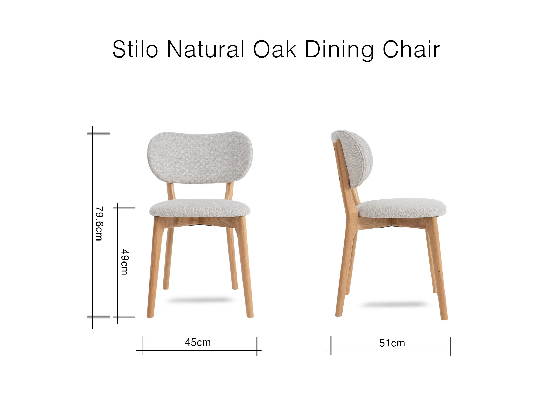 A dimension image .of the Stilo dining chair with 49cm x 51cm x 79.5cm