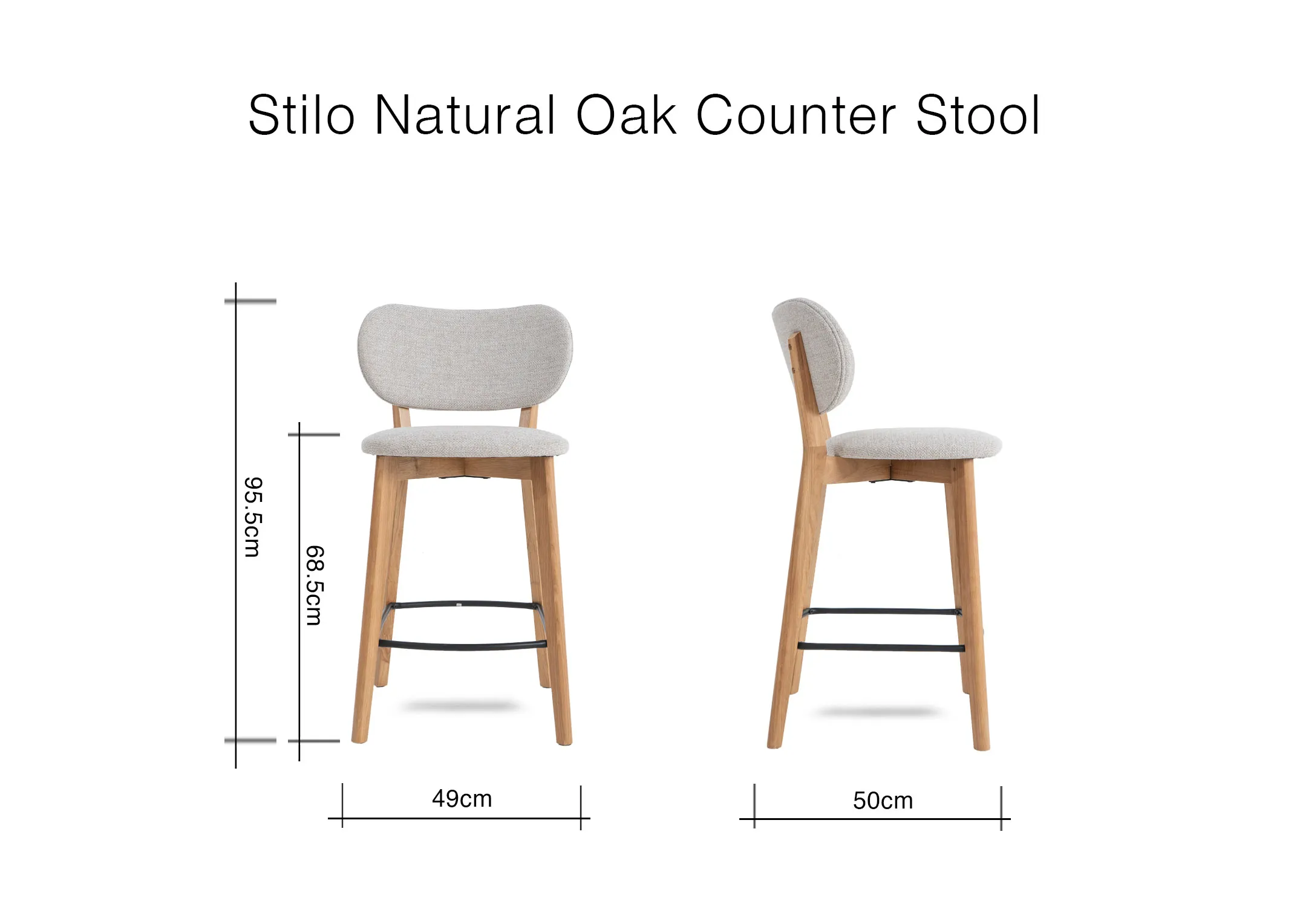 A dimension image of the Stilo Bar stool with 49cm x 50cm x 99.5cm
