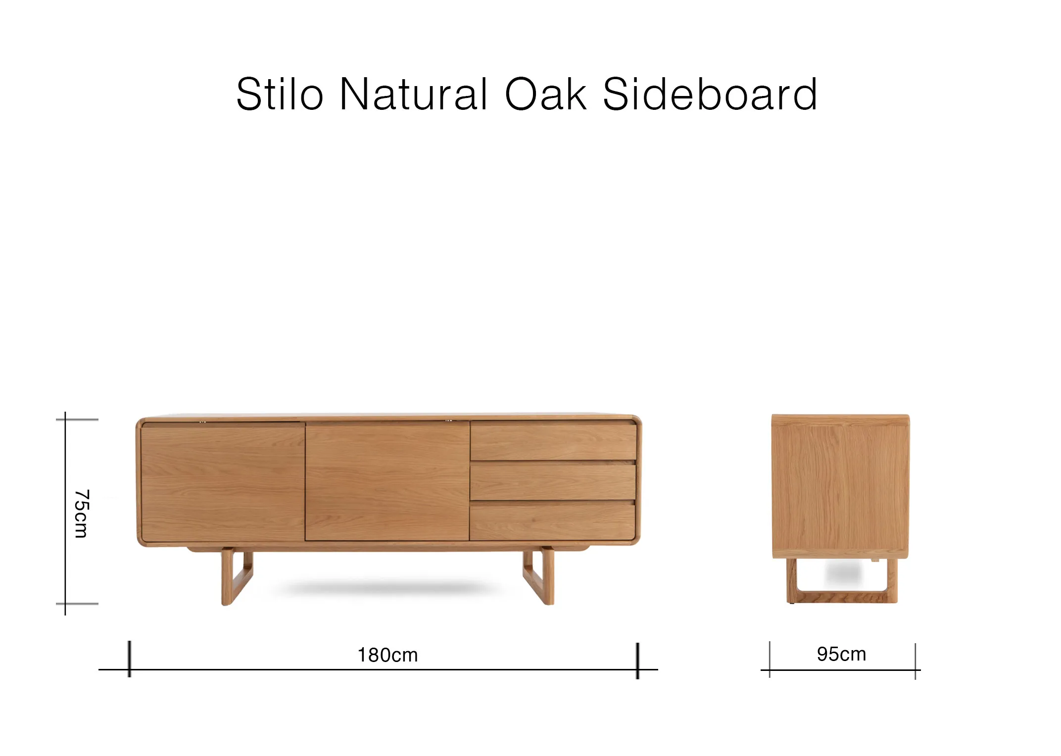 A dimension image of the Stilo Sideboard with 180cm x 95cm x 75cm