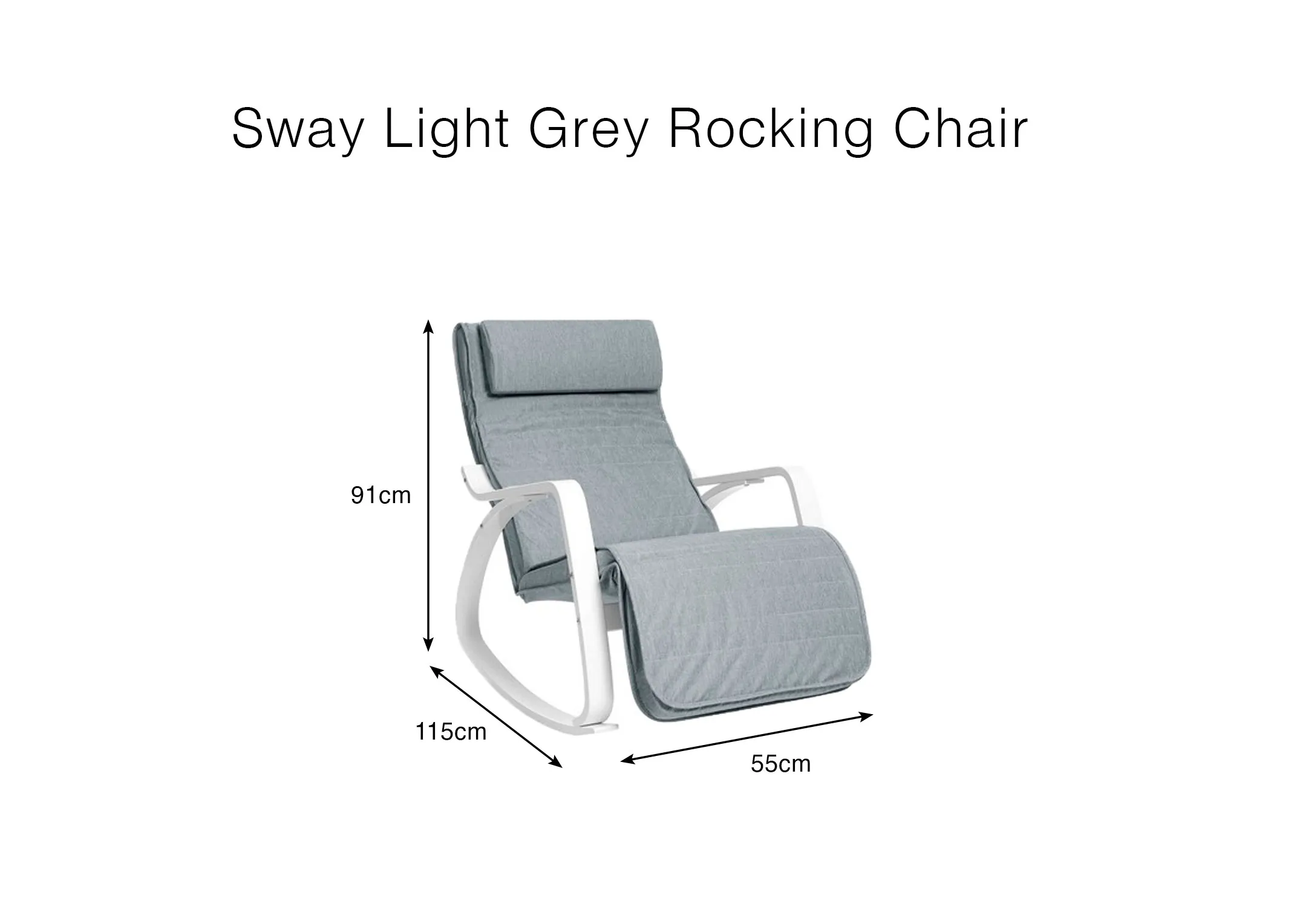 A dimension image of the Sway light grey chair with 55cm x 91cm