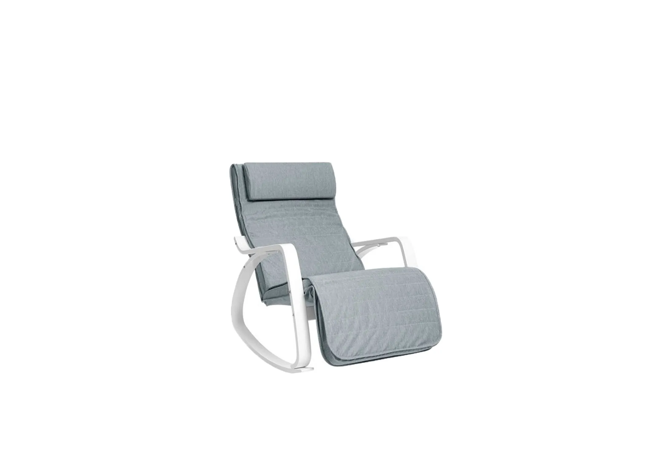 A light grey rocker armchair from EZ Livings silver sway range. Angled view of silver metal frame.