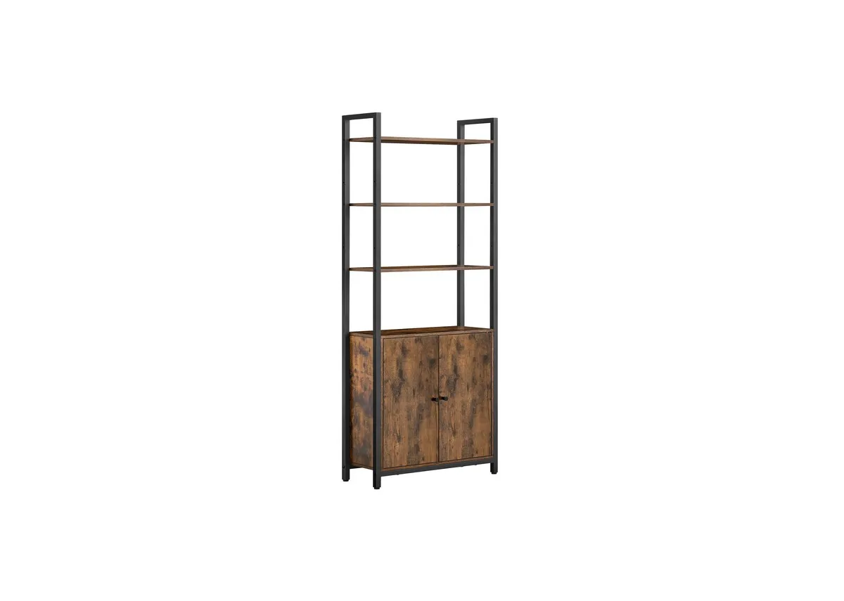 A 4 shelf display cabinet from EZ Livings Rustic Ridge range. Angled view of 4 open shelves and 2 rustic doors.