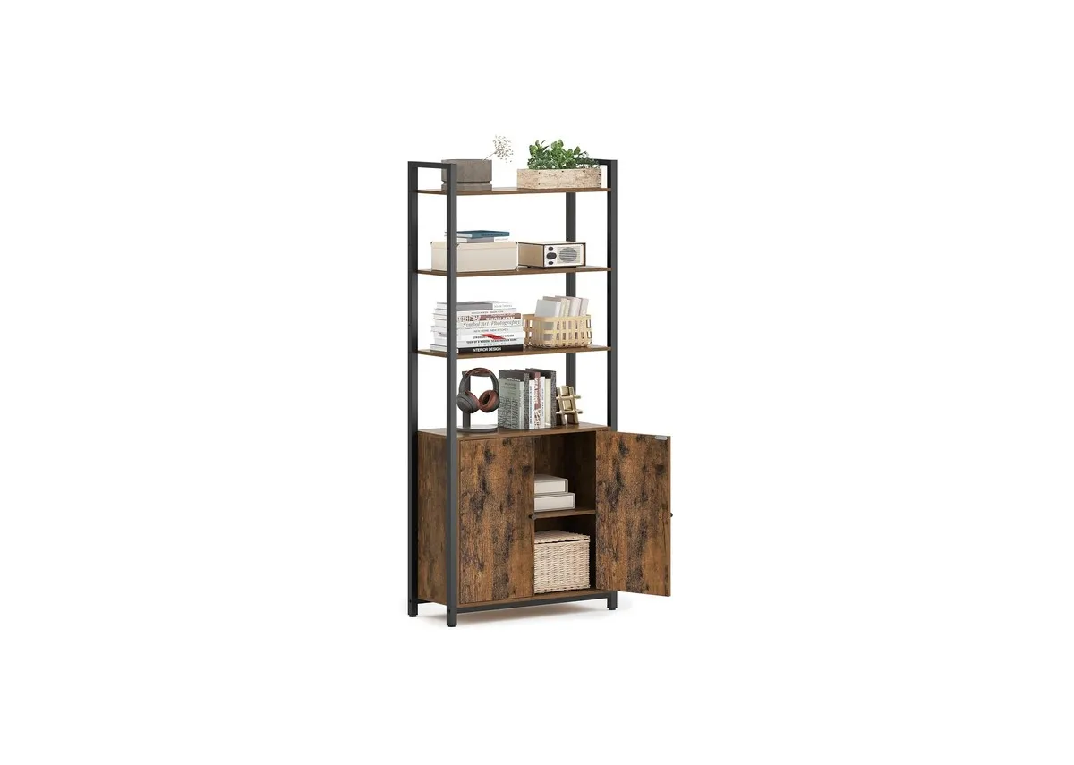 A 4 shelf display cabinet from EZ Livings Rustic Ridge range. Angled view of door open showing 2 mroe shelves.