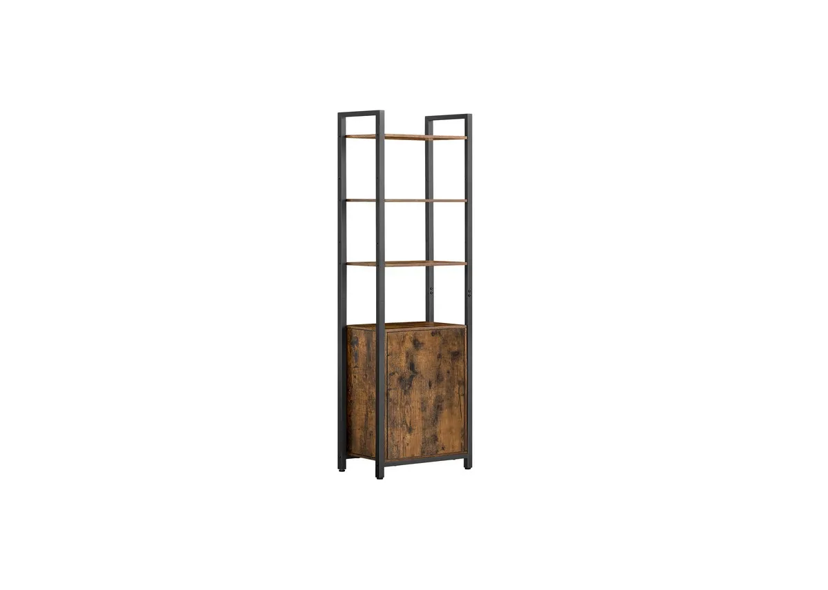 A 4 shelf display cabinet from EZ Livings Rustic Ridge range. Angled view of 4 open shelves and single rustic door.