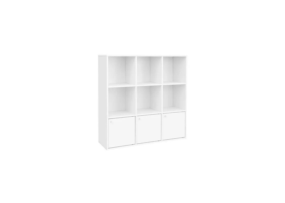A white 6 shelf storage unit with 3 doors from EZ Livings Moonlight range. Angled view.