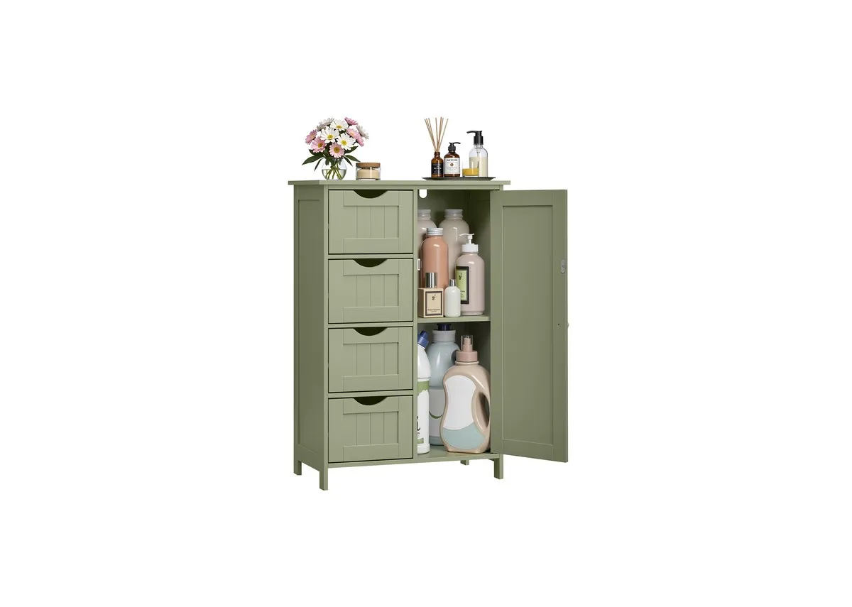 A light green cabinet with 1 door and 4 drawers from EZ Livings Greenway range. Angled view with door open and sample products