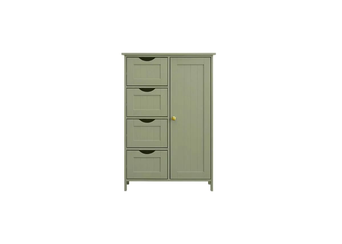 A light green cabinet with 1 door and 4 drawers from EZ Livings Greenway range. Front view