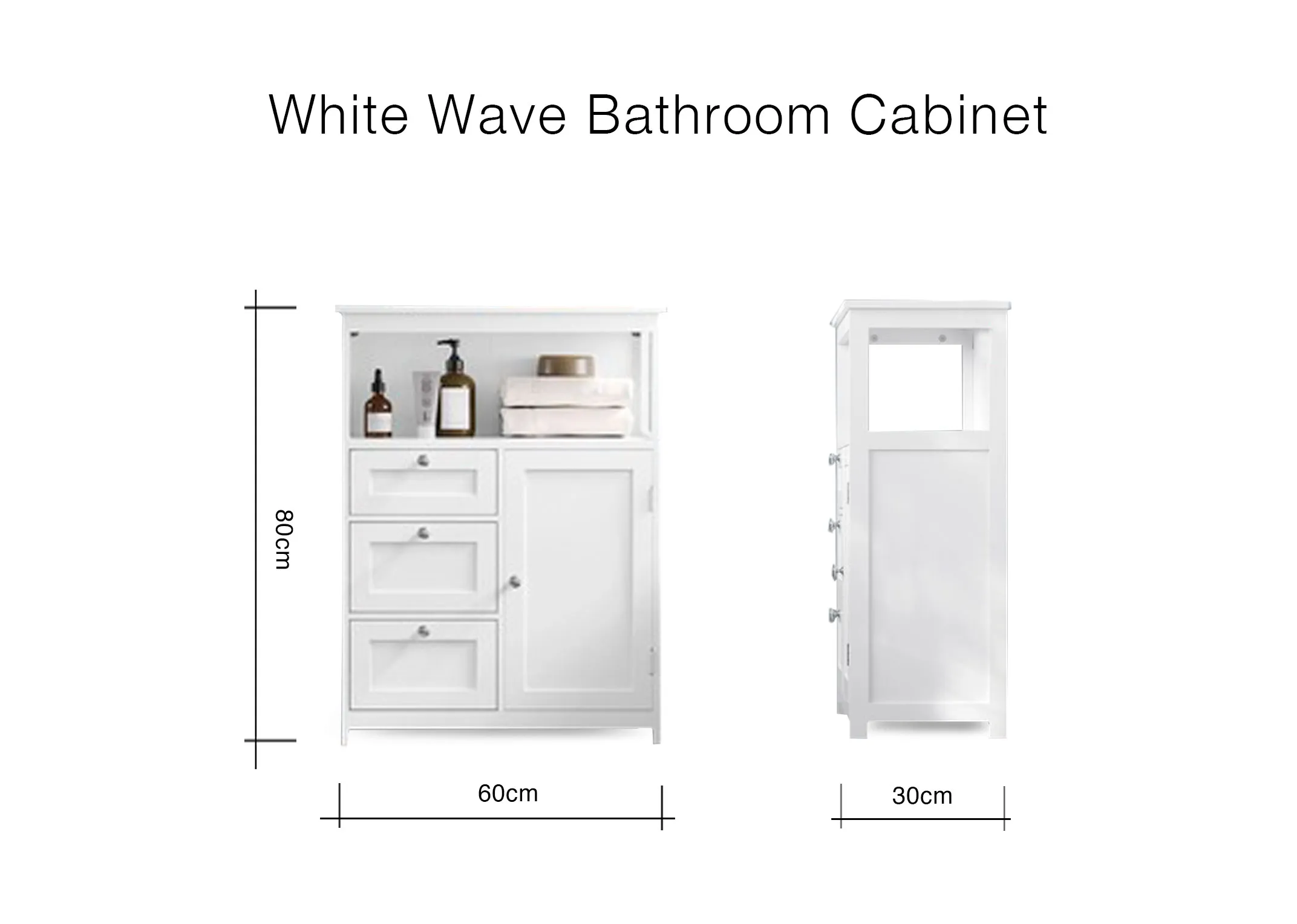 A dimension image of the White Wave cabinet with 60cm x 30cm x 80cm