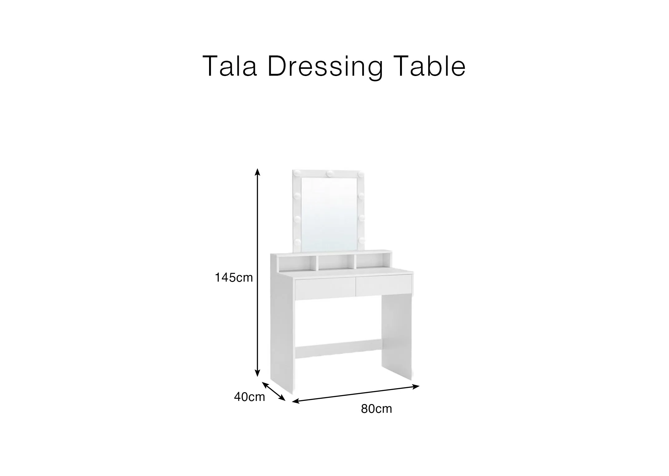 A dimension image of the Tala Dressing Table with